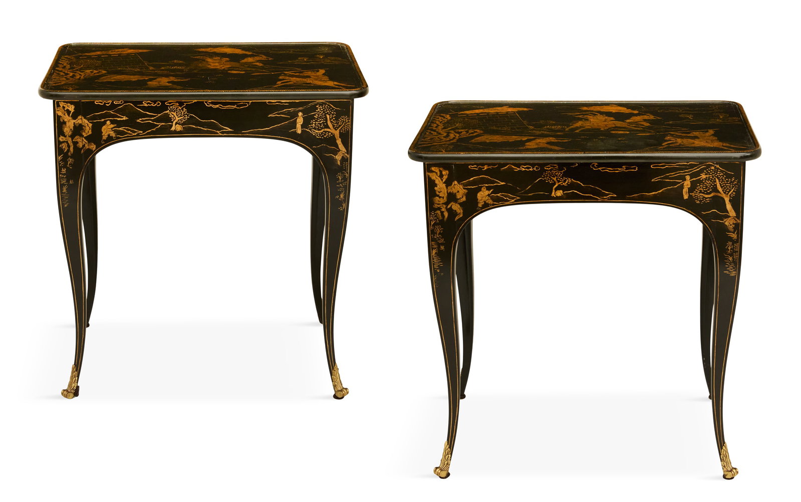 Pair of Chinoiserie Ebonized Occasional Tables: Pair of Chinoiserie Ebonized Occasional Tables each with a rounded rectangular top with gilt figural scene in the chinoiserie taste, above a frieze fitted with a single end drawer, raised on cabriole 