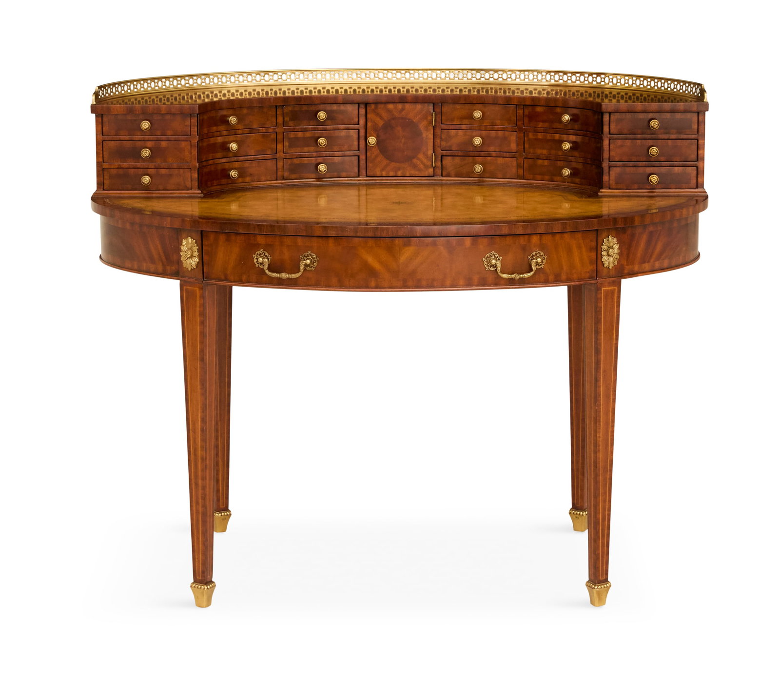 Mahogany Leather-Top Carlton House-Style Desk: Figured Mahogany and Leather-Top Carlton House-Style Desk labeled Maitland-Smith, the stepped back with a bank fitted with a central cabinet and eighteen small drawers, and a pierced brass gallery abo