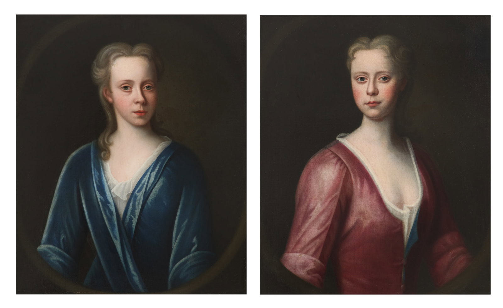 British School (18th Century): British School 18th Century "Pendant Portraits of Sisters" oils on canvas unsigned. Each with a "Los Angeles Fine Art Gallery" label en verso. Framed alike. each 31" x 24", framed 36-1/2" x 31-1/2"