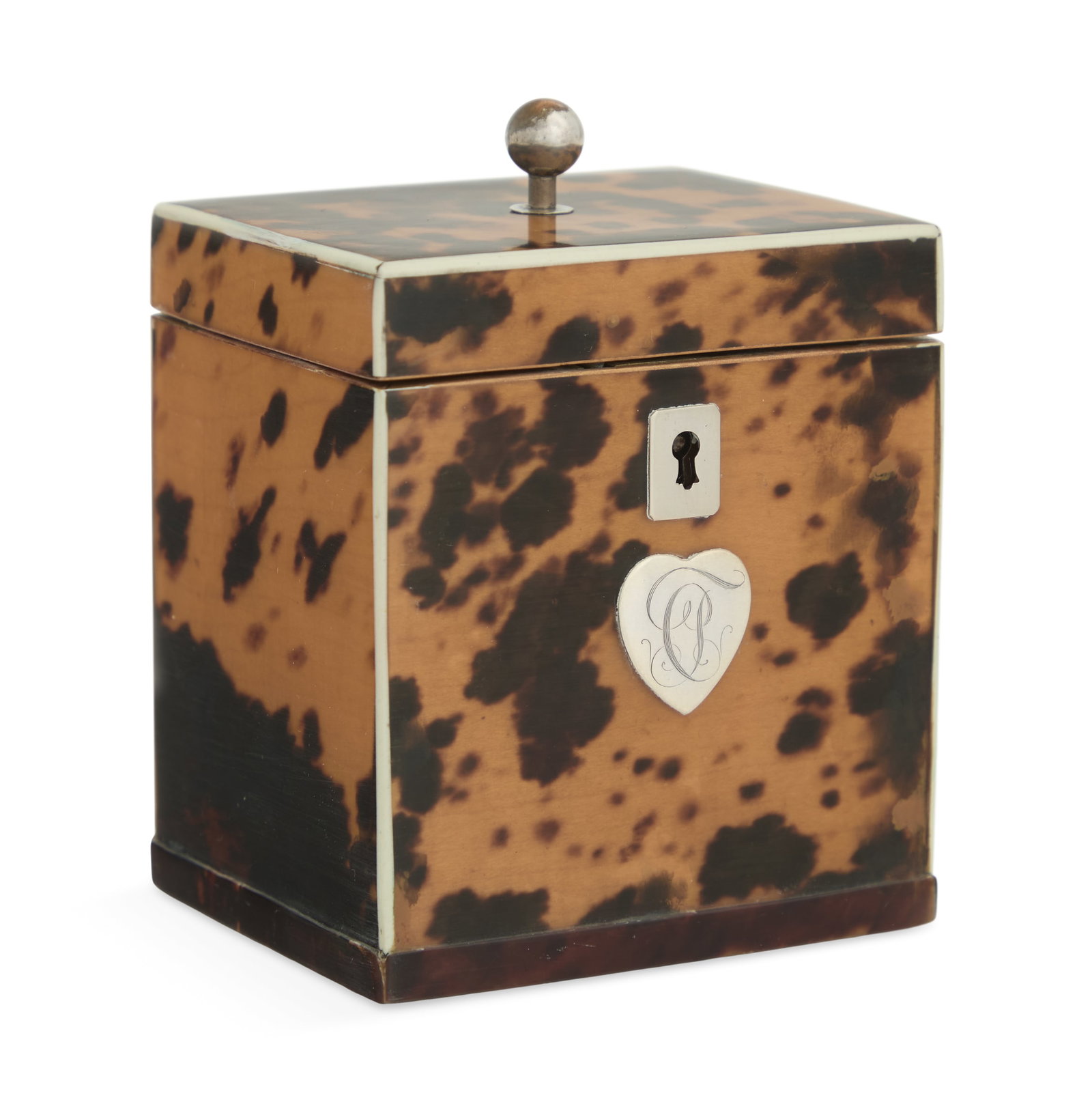Small George III Tea Caddy: Small George III Tea Caddy ca. 1800, the caddy with a spherical knop, the facade with a monogrammed heart-shaped mount, the cover opening to reveal a back adorned with a lithograph of a Roman mosaic a