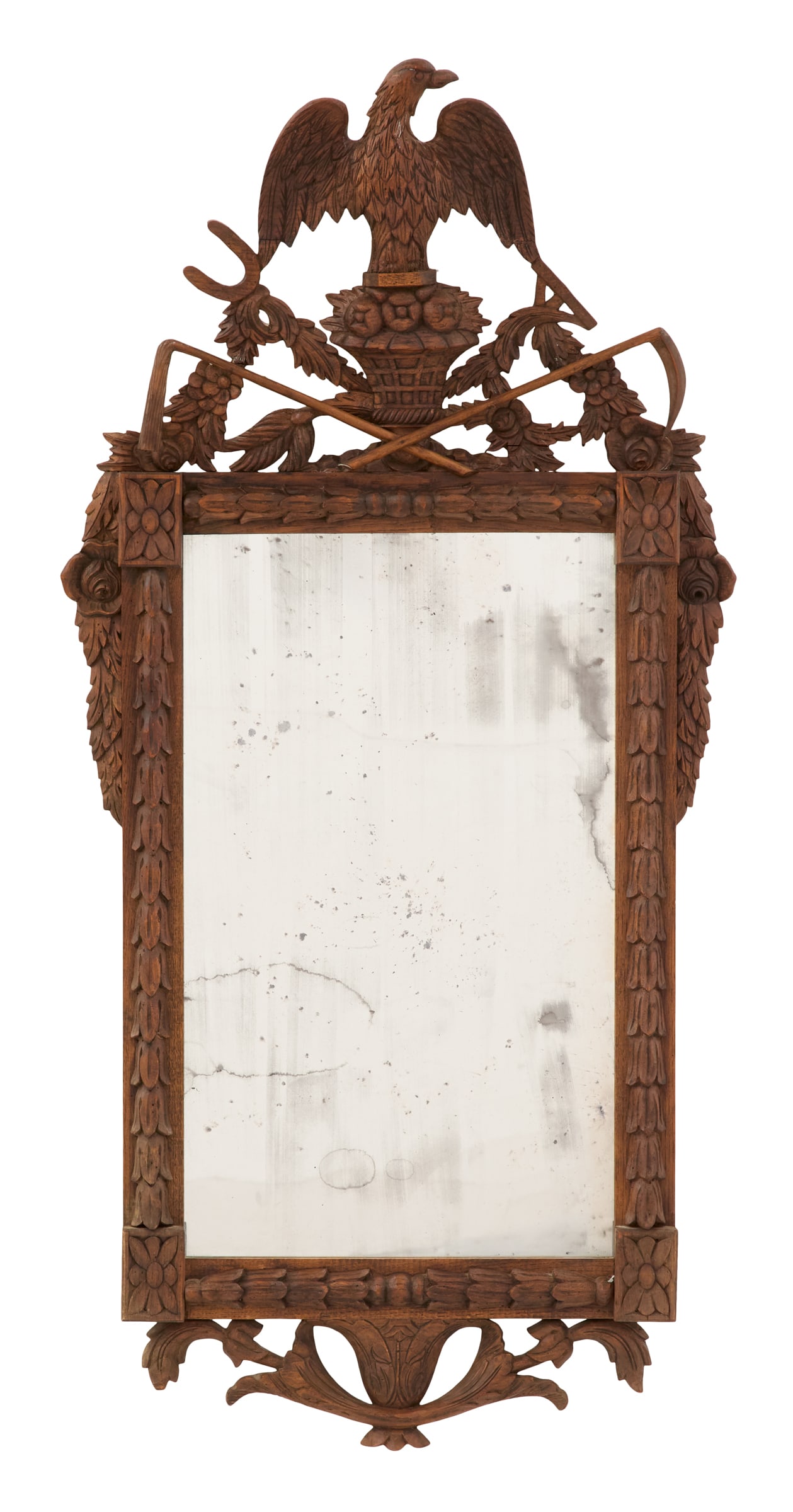 Italian Neoclassical-Style Oak Mirror: Carved Oak Mirror in the Italian Neoclassical Taste the eagle-carved crest perched on a basket of fruit, framed by garlands of flowers accented with crossed garden trophies, the surround with carved c