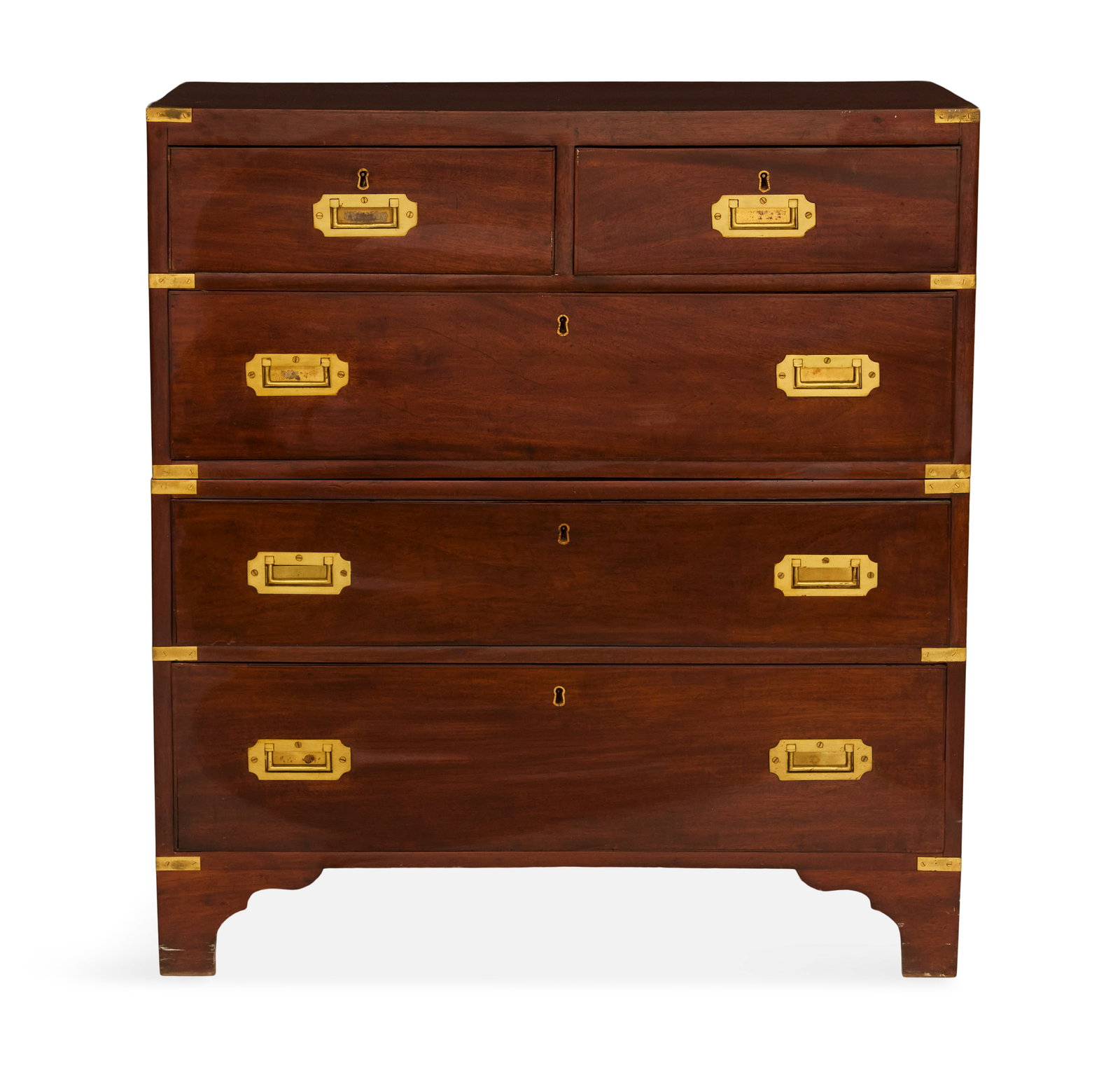 Victorian Mahogany Campaign Chest: Victorian Mahogany Campaign Chest late 19th century, in two parts, the rectangular top above a conforming case fitted with two short drawers over three long drawers, all with tractional hardware and