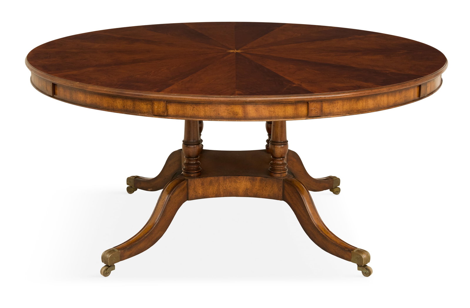 Regency-Style Figured Mahogany Horseshoe Table: Regency-Style Figured Mahogany Horseshoe Table 20th century, the circular top with segmented book-matched veneers, and a central inlaid star, the outer perimeter with pull-out slides to receive five c