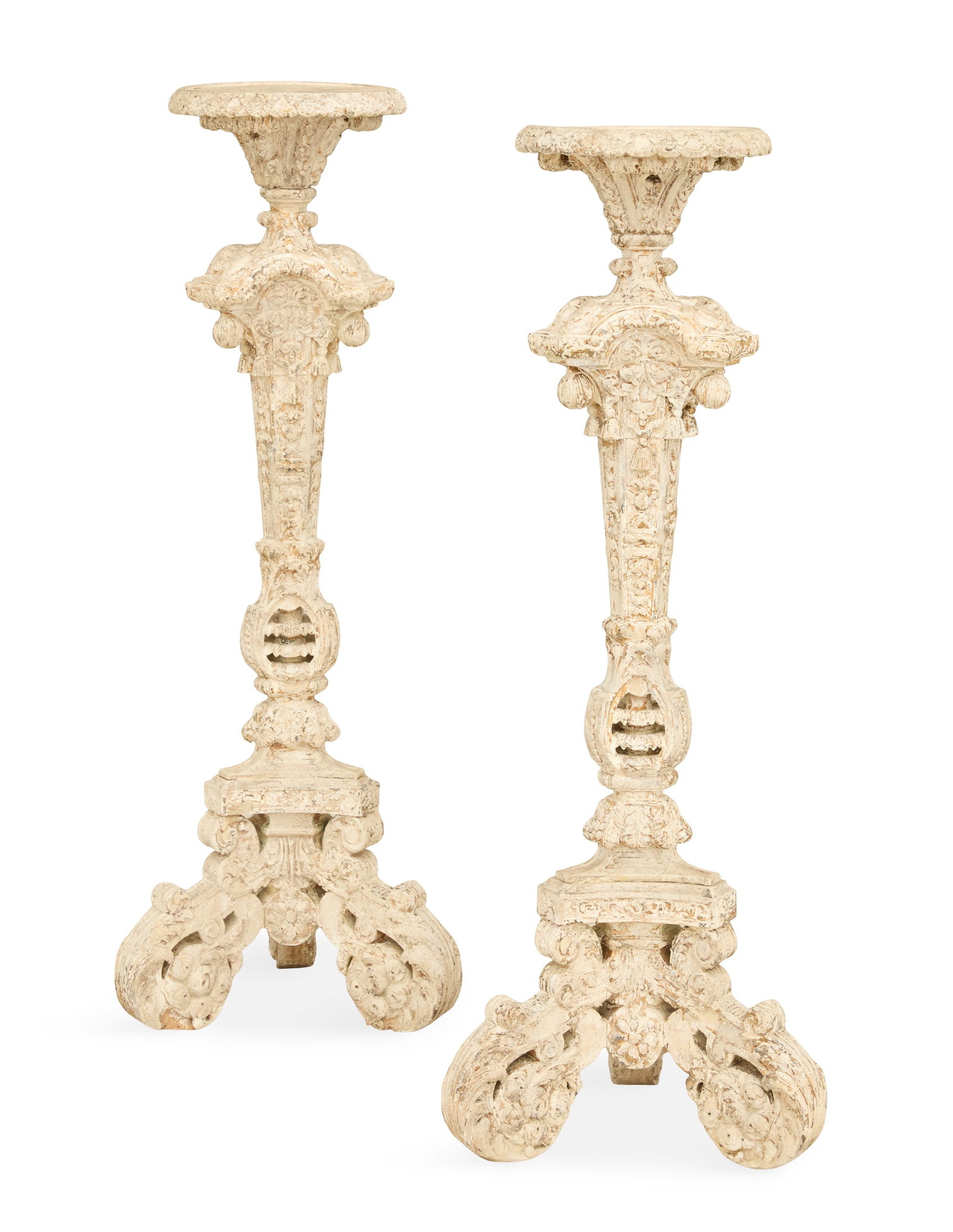Pair of Italian Polychrome Torchere Stands: Pair of Italian Polychrome Torchere Stands 20th century, in the rococo taste, each with a circular top mounted to heavily carved standard above three scrolling outstretched legs. h. 51-1/2", dia. 18"