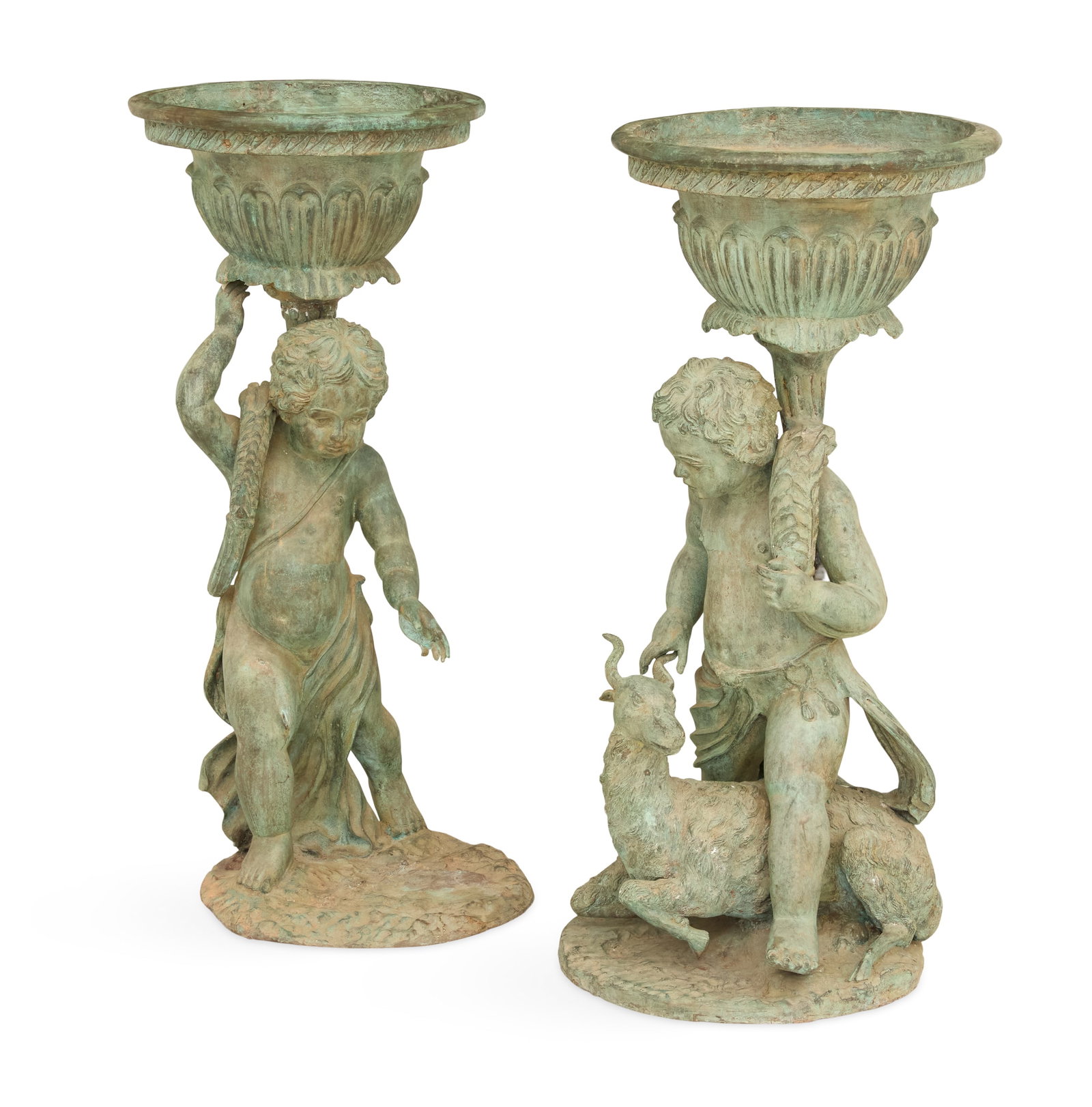 Pair of Bronze Figural Planters: Pair of Bronze Figural Planters contemporary, in the neoclassical taste, each circular planter mounted on the back of a putto standing astride a recumbent ram and grasping its horns. h. 48-1/2", w. 15