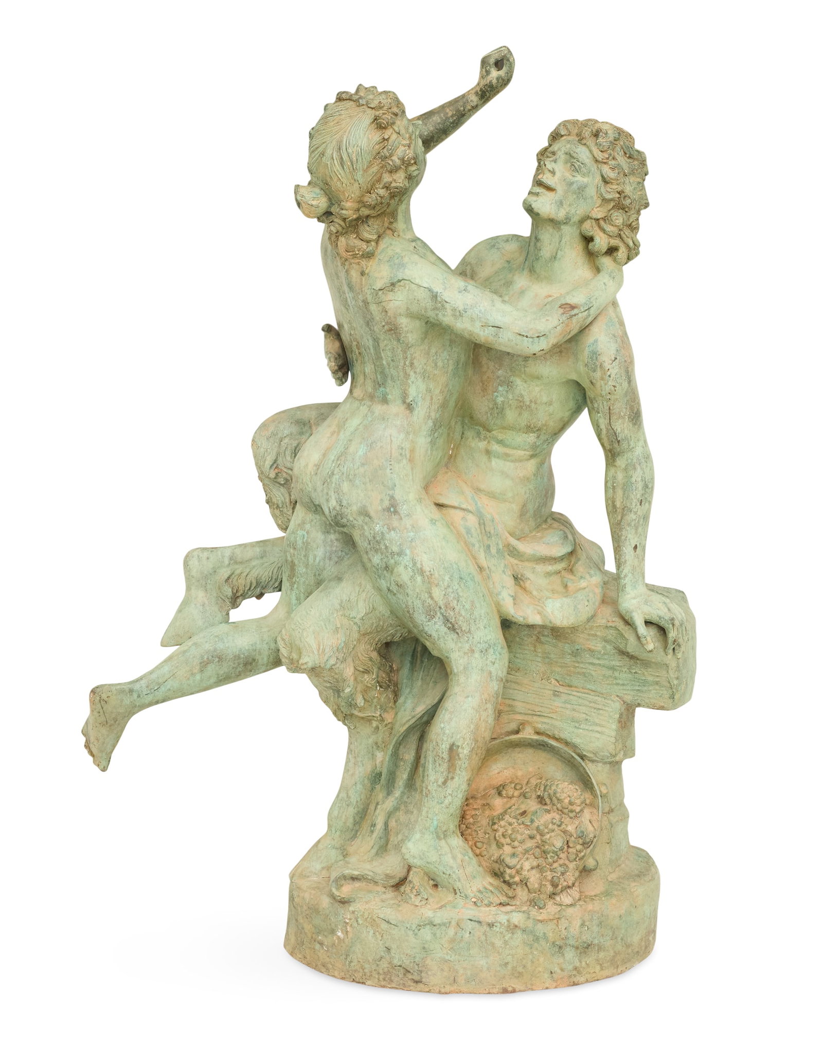 Patinated-Bronze Figure of a Satyr and Bacchante: Patinated-Bronze Figure of a Satyr and Bacchante 20th century, the large figure of an embracing Bacchante and hoof-footed satyr. h. 54", w. 39", d. 14-1/2"