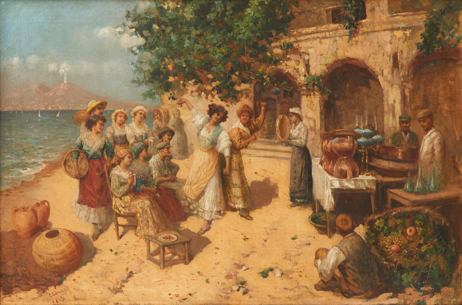 Guiseppe Giardiello (Italian, 1877-1920): Giuseppe Giardiello (Italian, 1877-1920) "La Tarantella" oil on canvas signed lower left. Framed. 32" x 49", framed 36-1/2" x 53"