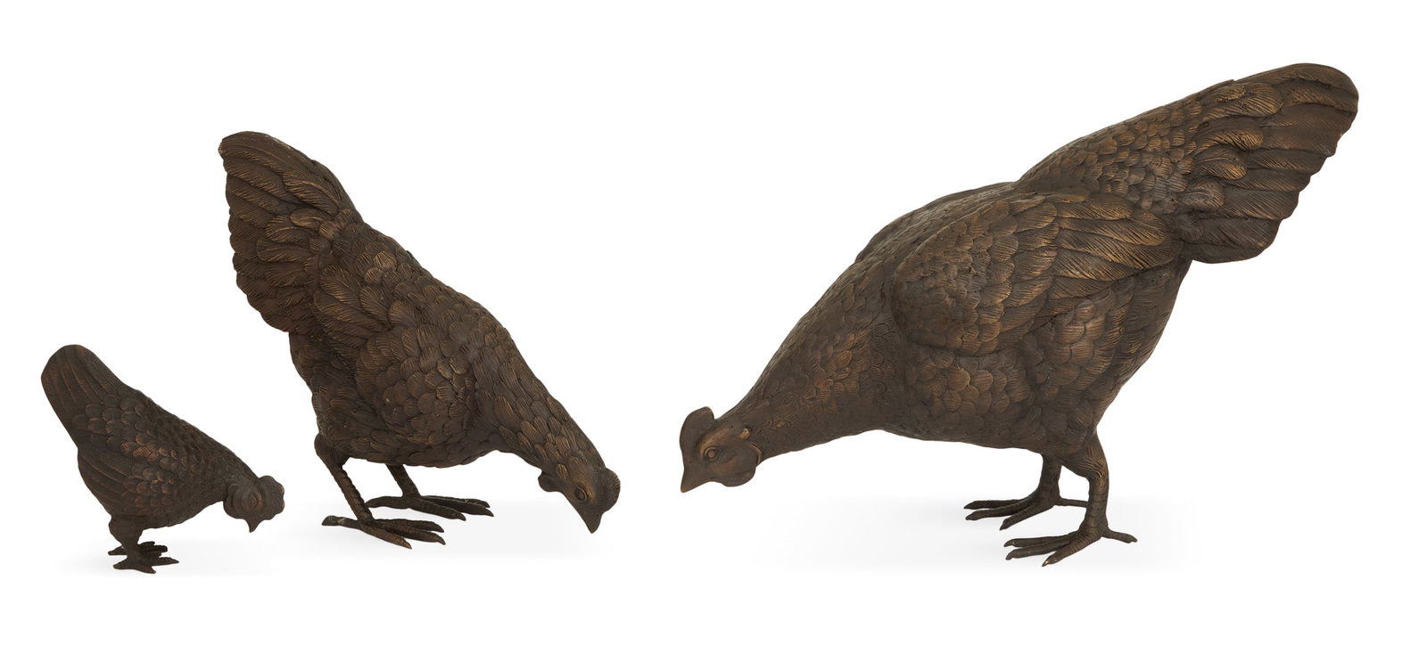 Three Patinated-Bronze Chicken Sculptures (1 of 3)