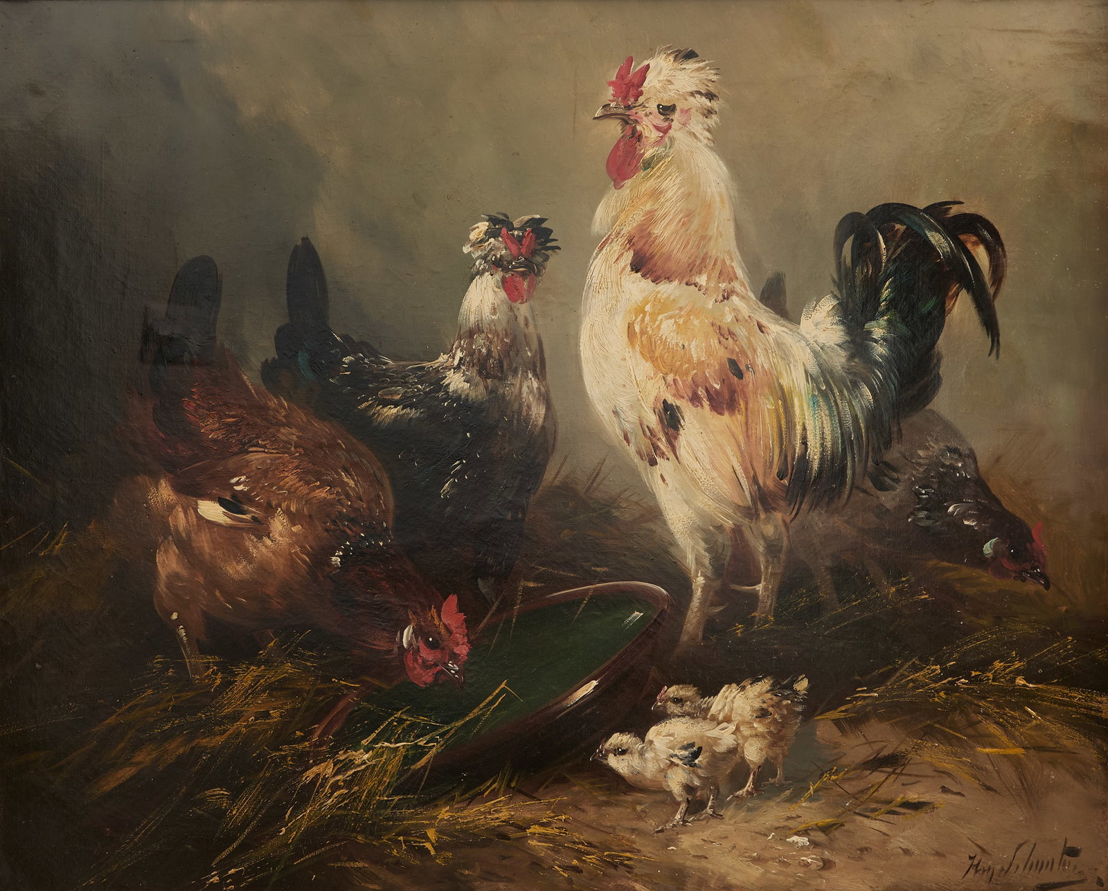 Henry Schouten (Belgian, 1864-1927): Henry Schouten (Belgian, 1864-1927) "Rooster and Hens in the Barnyard" oil on canvas signed lower right. Framed. 31" x 38", framed 36-1/2" x 44"