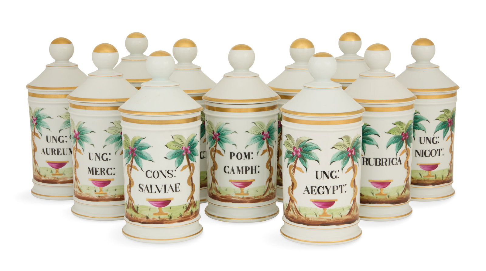 Eleven French Limoges Porcelain Apothecary Jars: Set of Eleven French Limoges Porcelain Apothecary Jars 20th century, by Maison Warin, with two versions of the firm's marks, decorated in the 19th century style with the Latin names of the drugs, over
