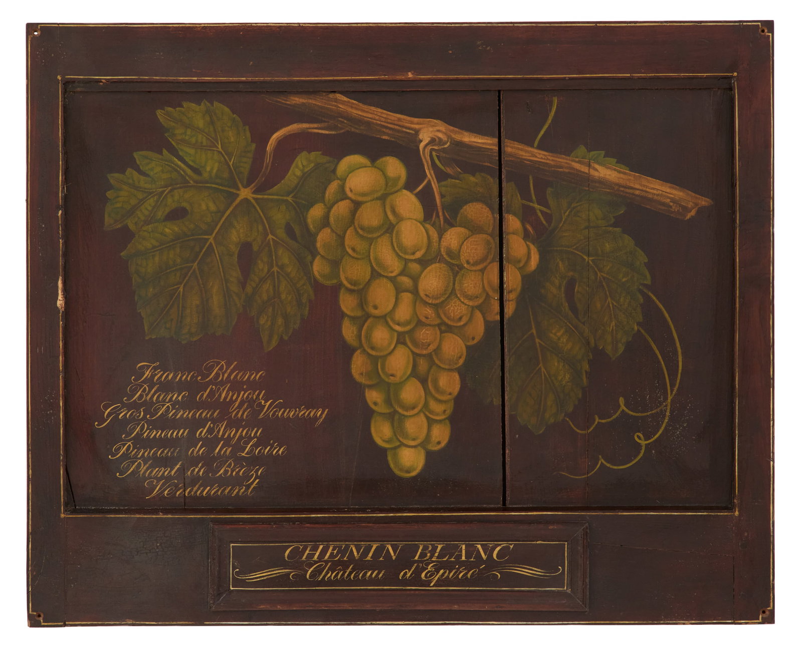 French Wooden Vintner's Sign: French Wooden Vintner's Sign 20th century, the sign hand painted with Chenin Blanc grapes from the Chateau d'Epire vineyard in Savennieres, France, the various wines made from the grapes painted to