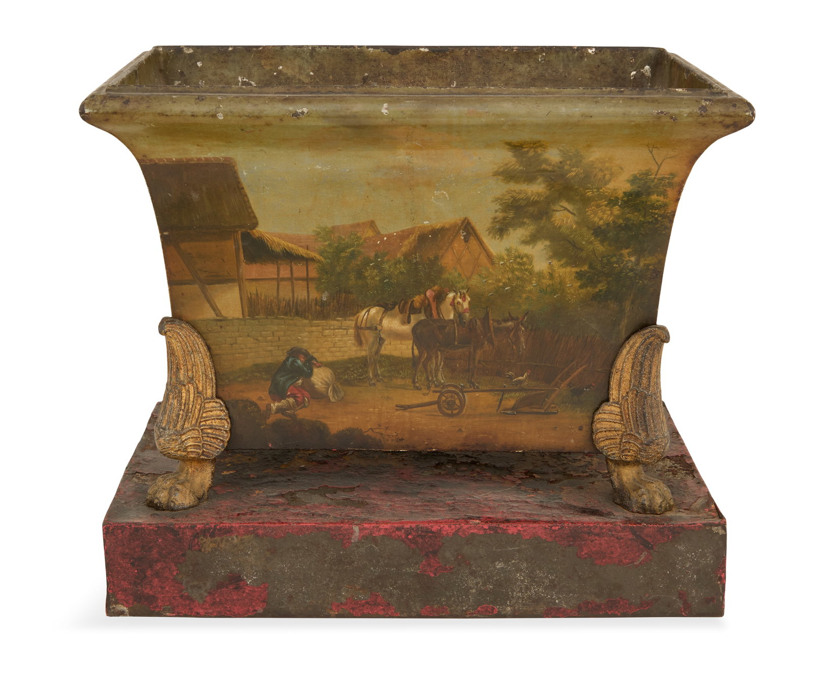 French Hand-Painted Tole Jardiniere: French Hand-Painted Tole Jardiniere first quarter 19th century, decorated in the round with a bucolic genre scene, the flaring body raised on gilt pewter winged paw feet, on a faux-painted red griotte