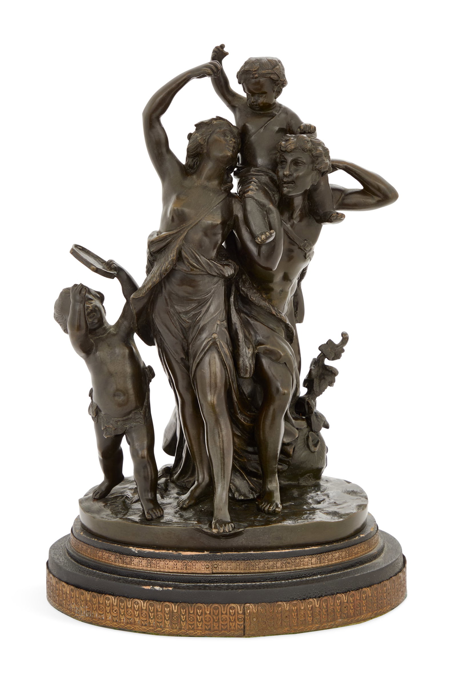 After Clodion (French, 1738-1814), "Bacchanalia": After Clodion (French, 1738-1814) "Bacchanalia" patinated bronze cast signature along back of self-base, on a separate wood and bronze base. sculpture h. 17", w. 8-1/2", d. 8", base h. 2-1/2", w. 10-1