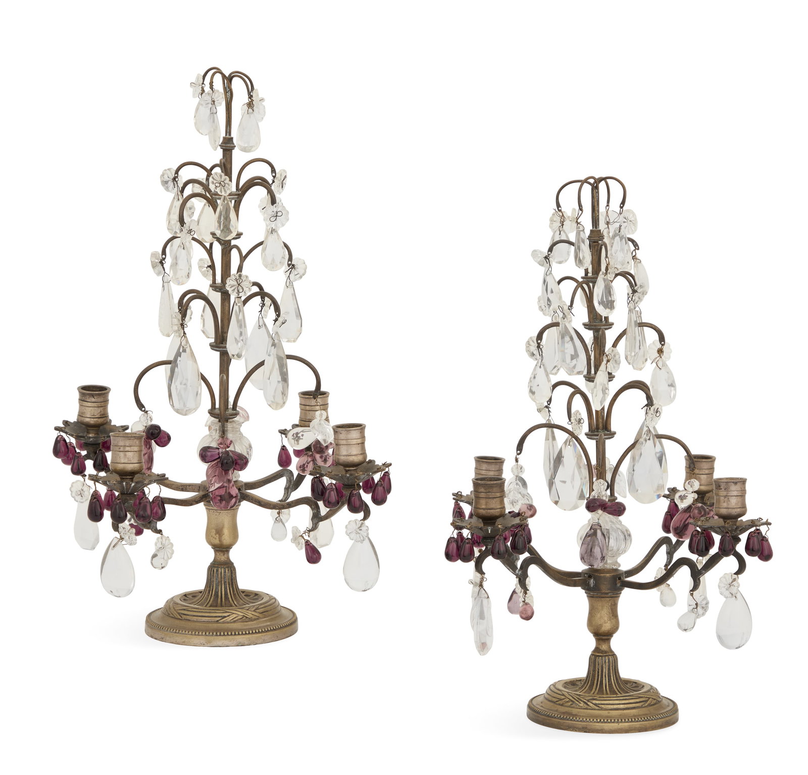 Pair of French Bronze and Crystal Candelabra: Pair of French Bronze and Crystal Candelabra early 20th century, with graduated tiers of colorless and mauve drops forming the center finial, set with scrolled candle branches mounted with turned cand
