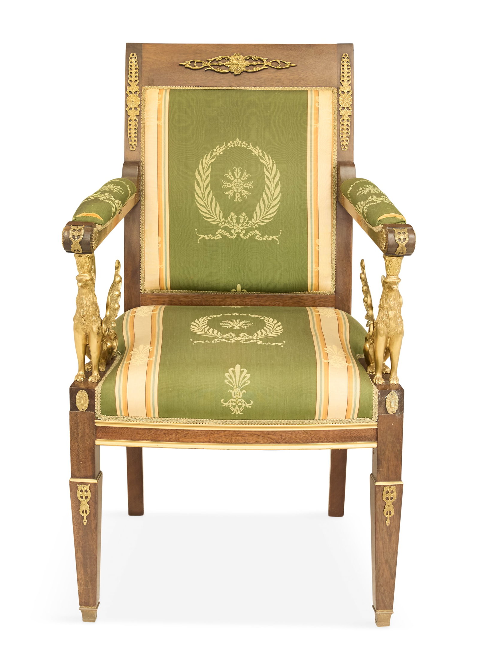 Empire-Style Ormolu-Mounted Mahogany Armchair: Empire-Style Ormolu-Mounted Mahogany Armchair early 20th century, with a padded back, elbow rests and seat, the arms supported by cast-bronze winged lion/eagle supports, raised on tapered square legs 