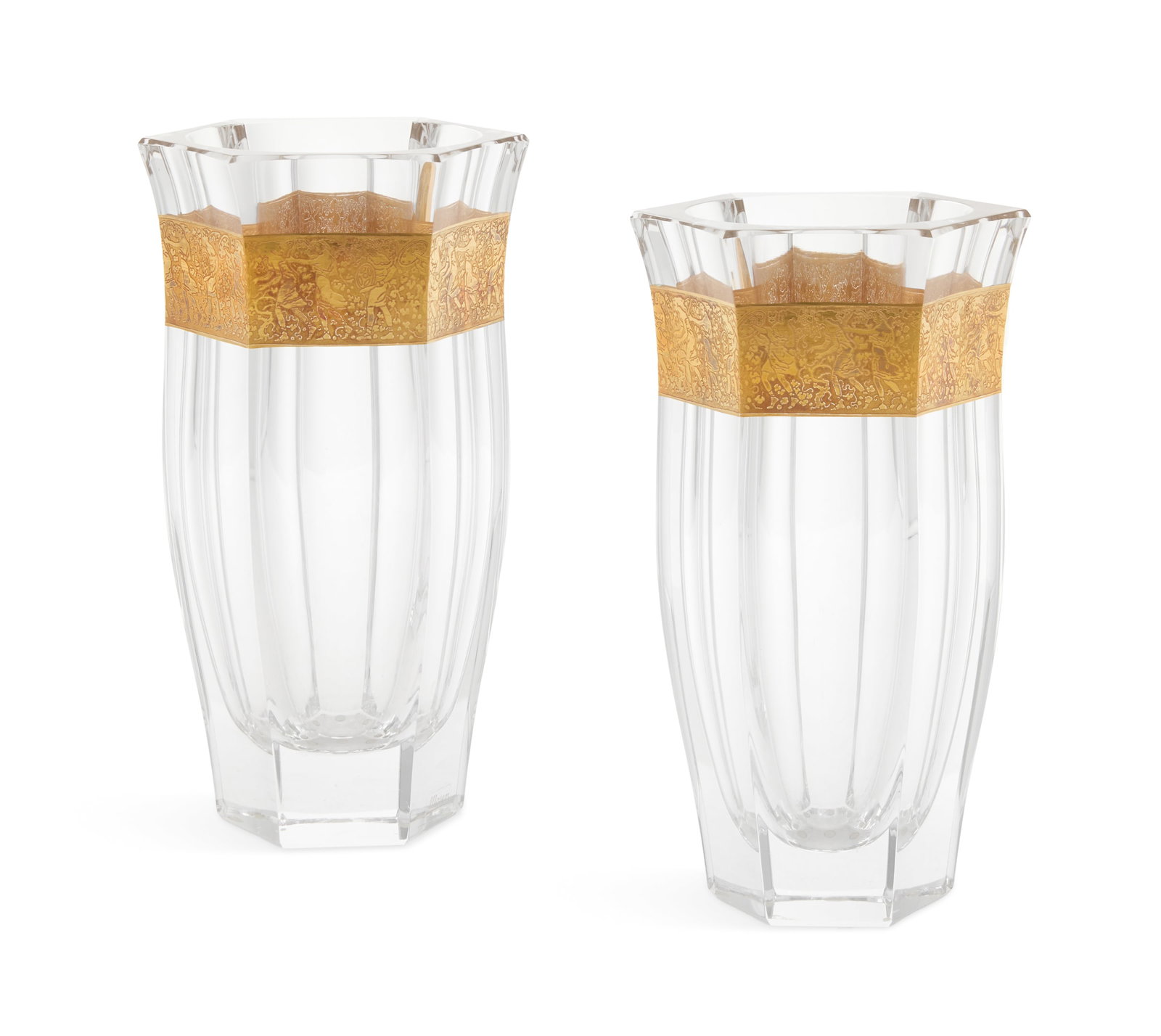 Pair of Moser Cut-Crystal "Purity" Vases: Pair of Moser Cut-Crystal "Purity" Vases ca. 1920-1940, Czechoslovakia, the hexagonal heavy crystal vases ornamented with a raised gilt neoclassical border, the bottoms with an engraved "Moser" mark. 