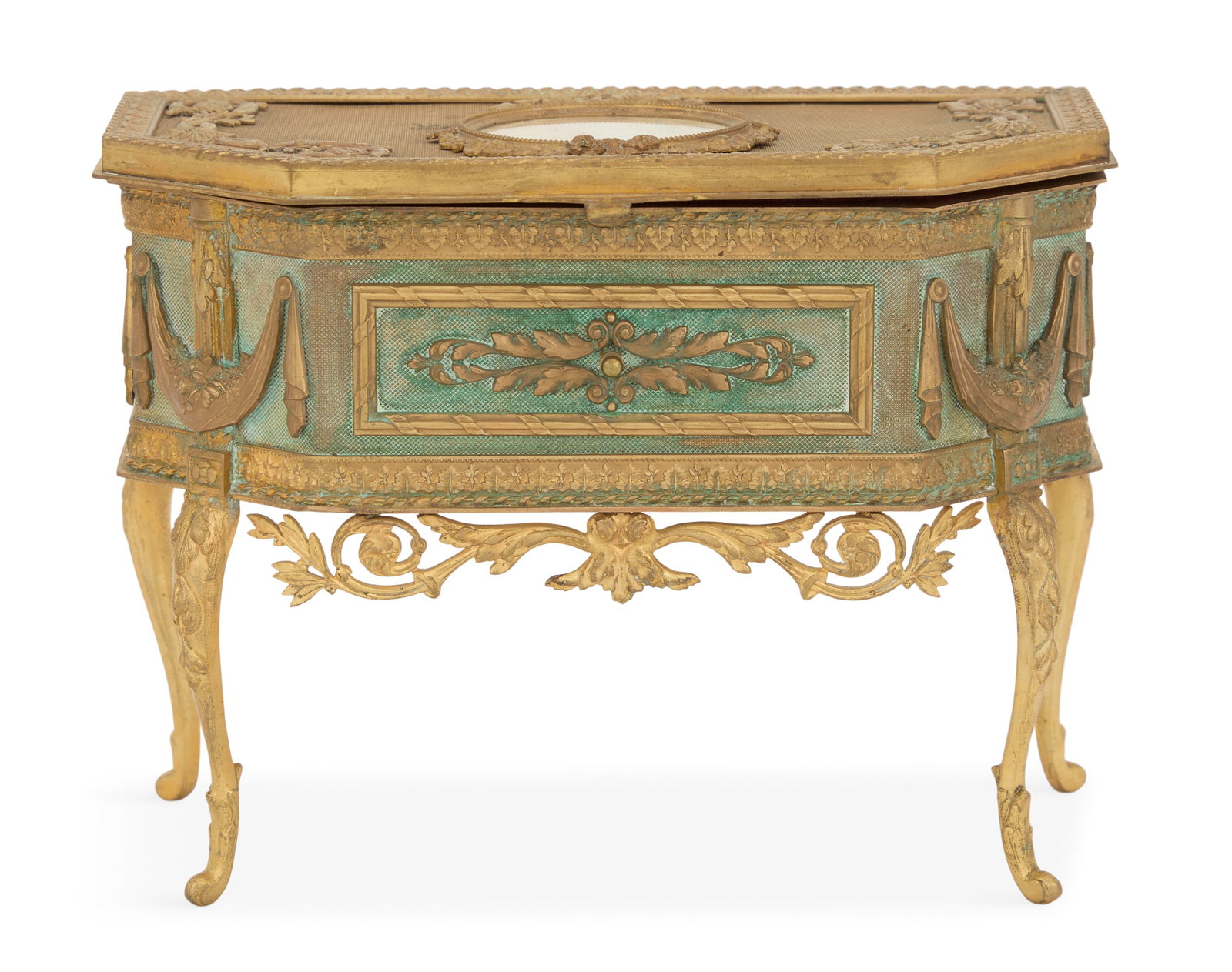 French Bronze Jewel Casket: French Bronze Jewel Casket early 20th century, in the form of a commode on cabriole legs, the lift top decorated with a portrait of Marie Antoinette under glass, with a velvet-lined interior. h. 5-3/4