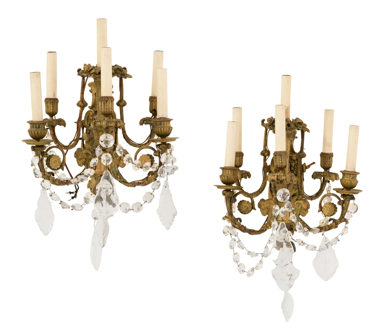 Pair of French Bronze and Crystal Sconces: Pair of French Belle Epoque Bronze and Crystal Sconces late 19th century, each having a scroll-framed backplate accented with flower heads and acanthus leaves, with a scrolled candle branch terminatin