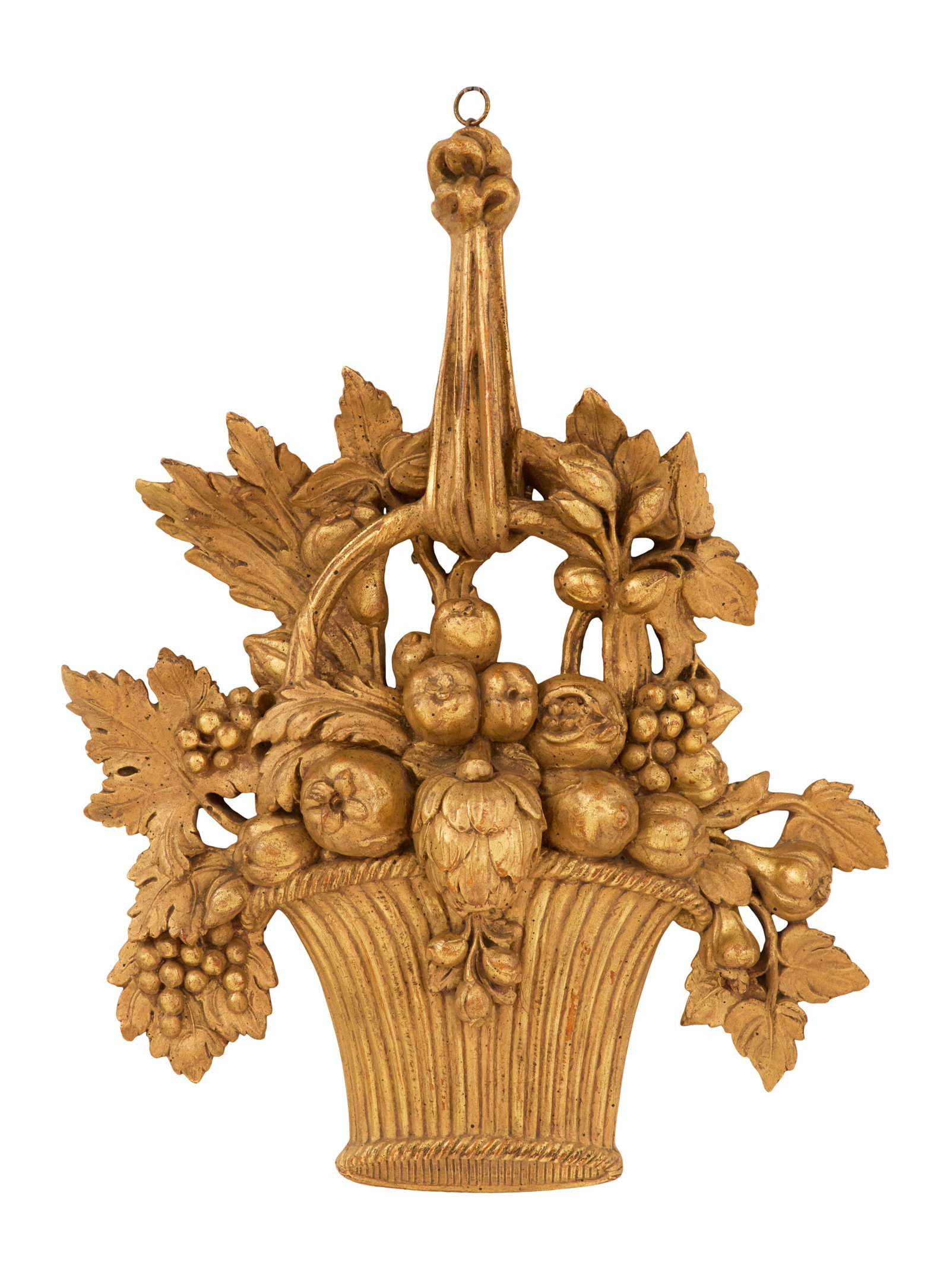 Italian Gilt-Plaster Applique: Italian Gilt-Plaster Applique 20th century, modeled as a basket brimming with fruit and foliage, suspended from a "silk" cord. h. 22", w. 15-1/2"
