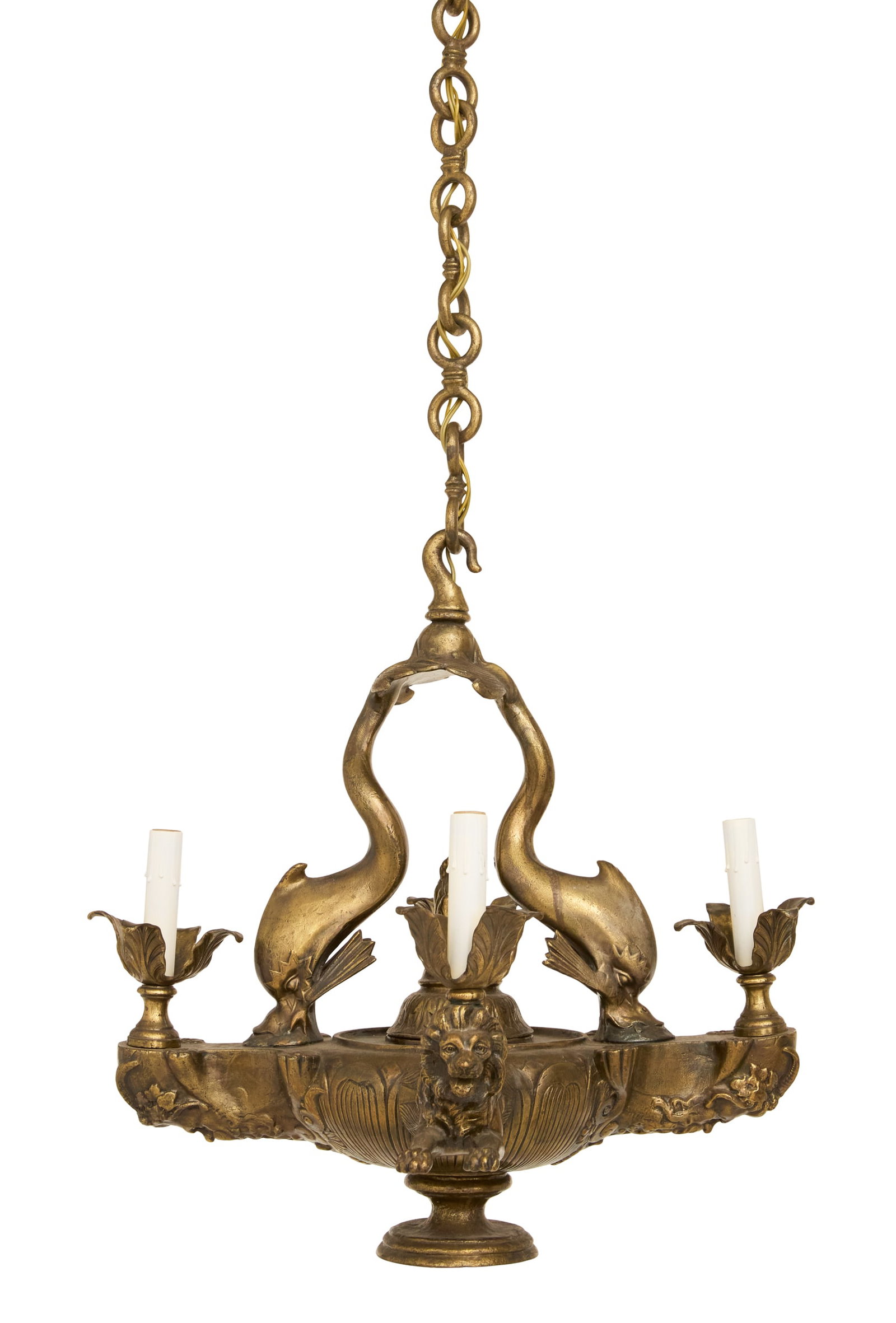 Bronze Chandelier in the Grand Tour Taste: Bronze Chandelier in the Grand Tour Taste 20th century, the chandelier with a pair of dolphins supporting the oil lamp-form body, with lions on two sides supporting the lights, and two sides with elec