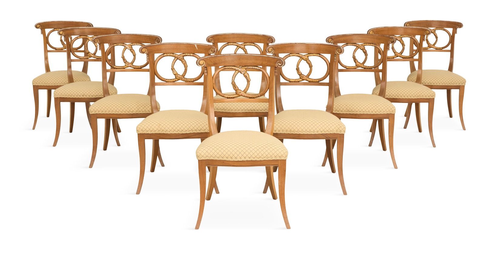 Suite of Eight Parcel-Gilt Mahogany Chairs: Suite of Eight Parcel-Gilt Mahogany Chairs 20th century, in the Empire taste, each with a curved back rest supported by central intertwined stylized bird heads, a padded seat and raised on downswept l