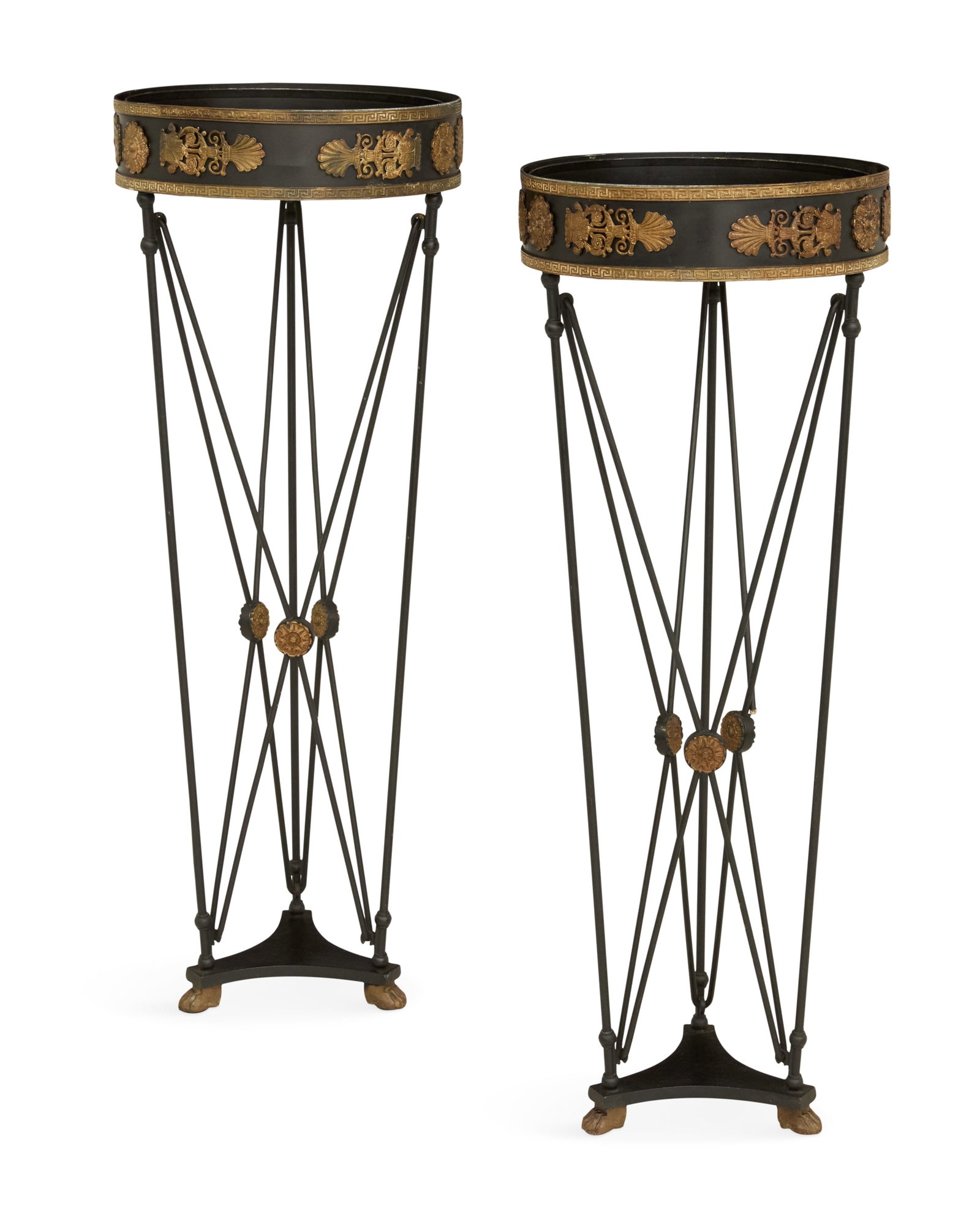 Pair of Bronze-Mounted Jardinieres: Pair of Bronze-Mounted Metal Athenienne-Form Jardinieres 20th century, the shallow plant holders with removable liners, with Greek fret trim framing gilt-bronze mounts in the form of medallions and sh