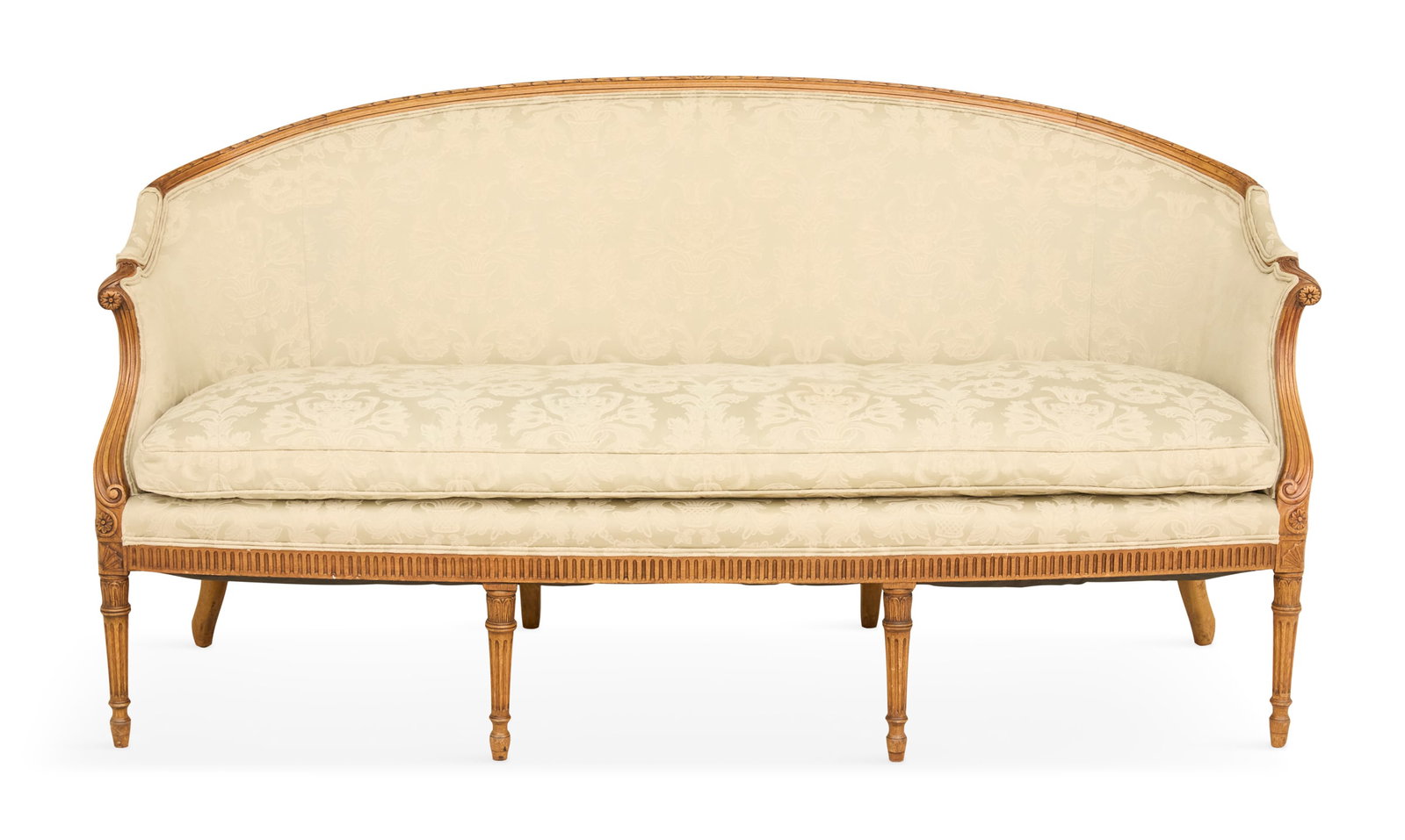 Louis XVI-Style Fruitwood Sofa: Louis XVI-Style Fruitwood Sofa early 20th century, with a domed crest and rounded arms within a molded carved frame, the padded back and sides above the cushioned seat and fluted apron, raised on tape