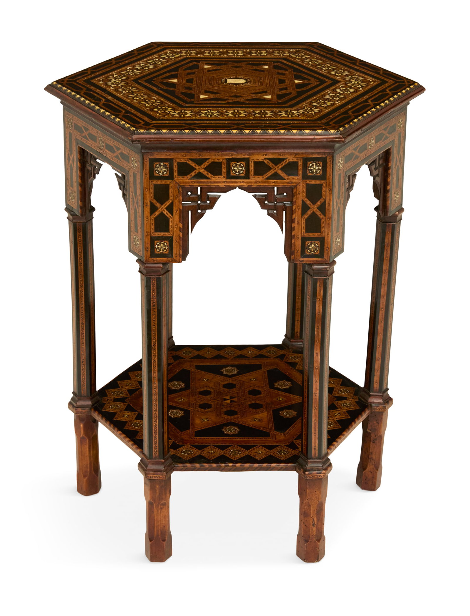 North African Ebonized Occasional Table: North African Ebonized Hardwood and Exotic Wood Occasional Table early 20th century, the hexagonal top featuring elaborate banding and a central star inlay, joined by six paneled legs to a lower shelf