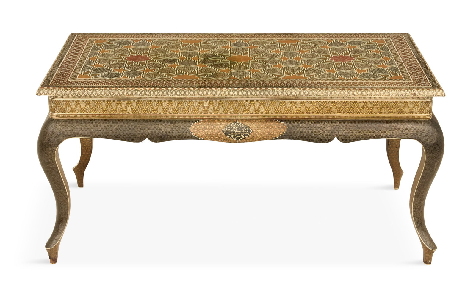 Moroccan Inlaid Coffee Table: Moroccan Inlaid Coffee Table 20th century, of rectangular form, the surface profusely inlaid and clad with various star decoration, raised on cabriole legs. h. 21", w. 45", d. 25"