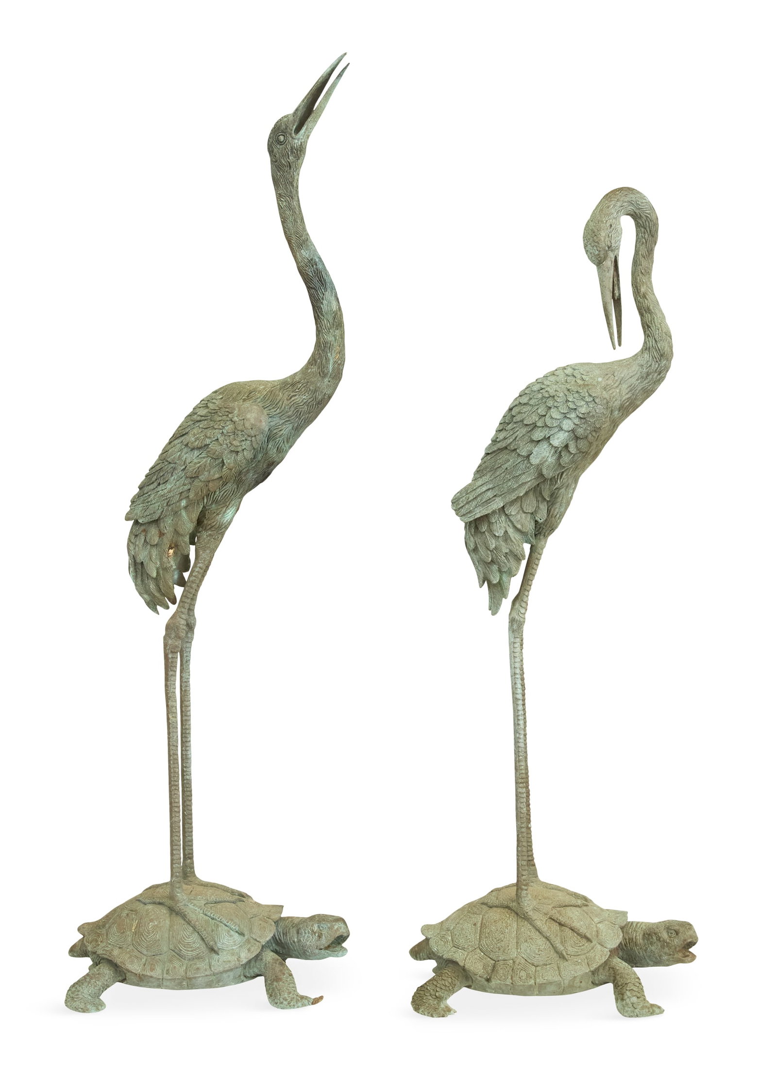 Pair of Patinated-Bronze Cranes Riding Turtles: Pair of Patinated-Bronze Cranes Riding Turtles of Japanese inspiration, with a green patina. h. 51" to 58-1/4", w. 17-3/4", d. 12-3/4"