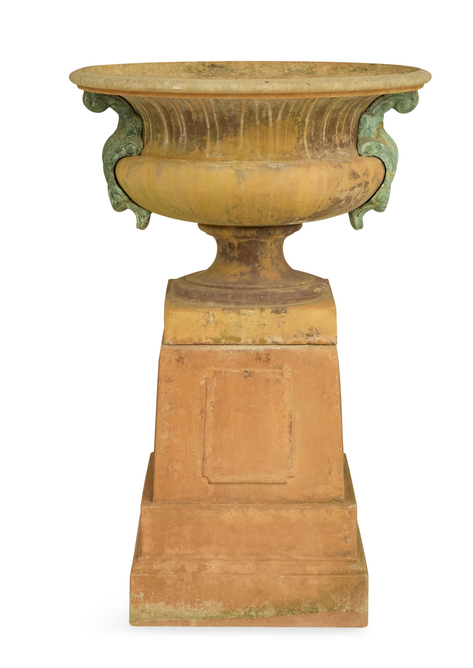 Painted Terracotta Garden Urn and Pedestal: Painted Terracotta Garden Urn and Pedestal ca. 1900, in two parts, the wide circular top mounted with a pair of leaf-molded bronze "handles", on a cone-form base, the pylon-form pedestal decorated wit