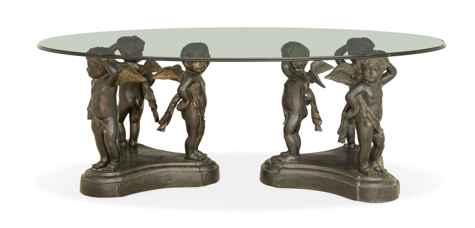French Figural Bronze & Plate-Glass Dining Table: French Figural Bronze and Plate-Glass Dining Table early 20th century, the large oval plate-glass top with a molded edge and supported by a pair of figural bronze pedestals, each with three putti supp