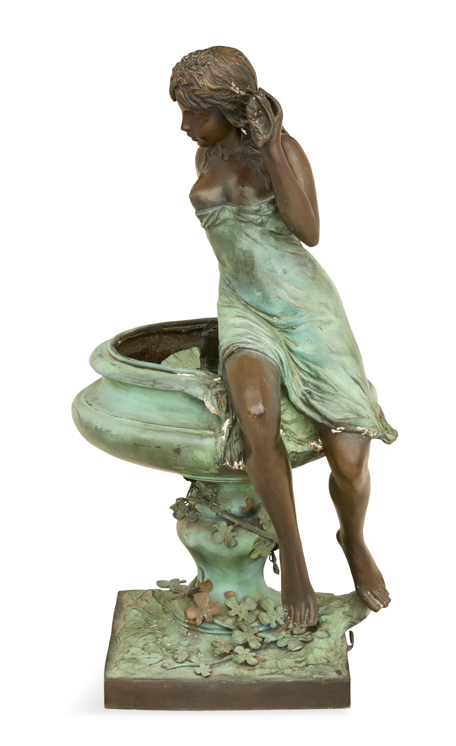 Patinated-Bronze Figural Fountain: Patinated-Bronze Figural Fountain the fountain with a young woman, a seashell at her ear, perched on the edge of an urn, the inside of the urn with a water lily and a frog, the frog piped for water, m