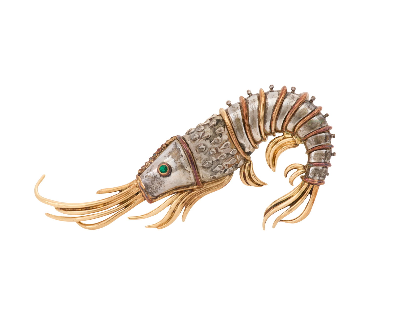 Tiffany & Co. Shrimp Brooch: Tiffany & Co. Shrimp Brooch 18k yellow gold/sterling silver, the brooch in the form of a shrimp with round-cut emerald eyes weighing approximately 0.05 carats in total, stamped "TIFFANY & CO.",