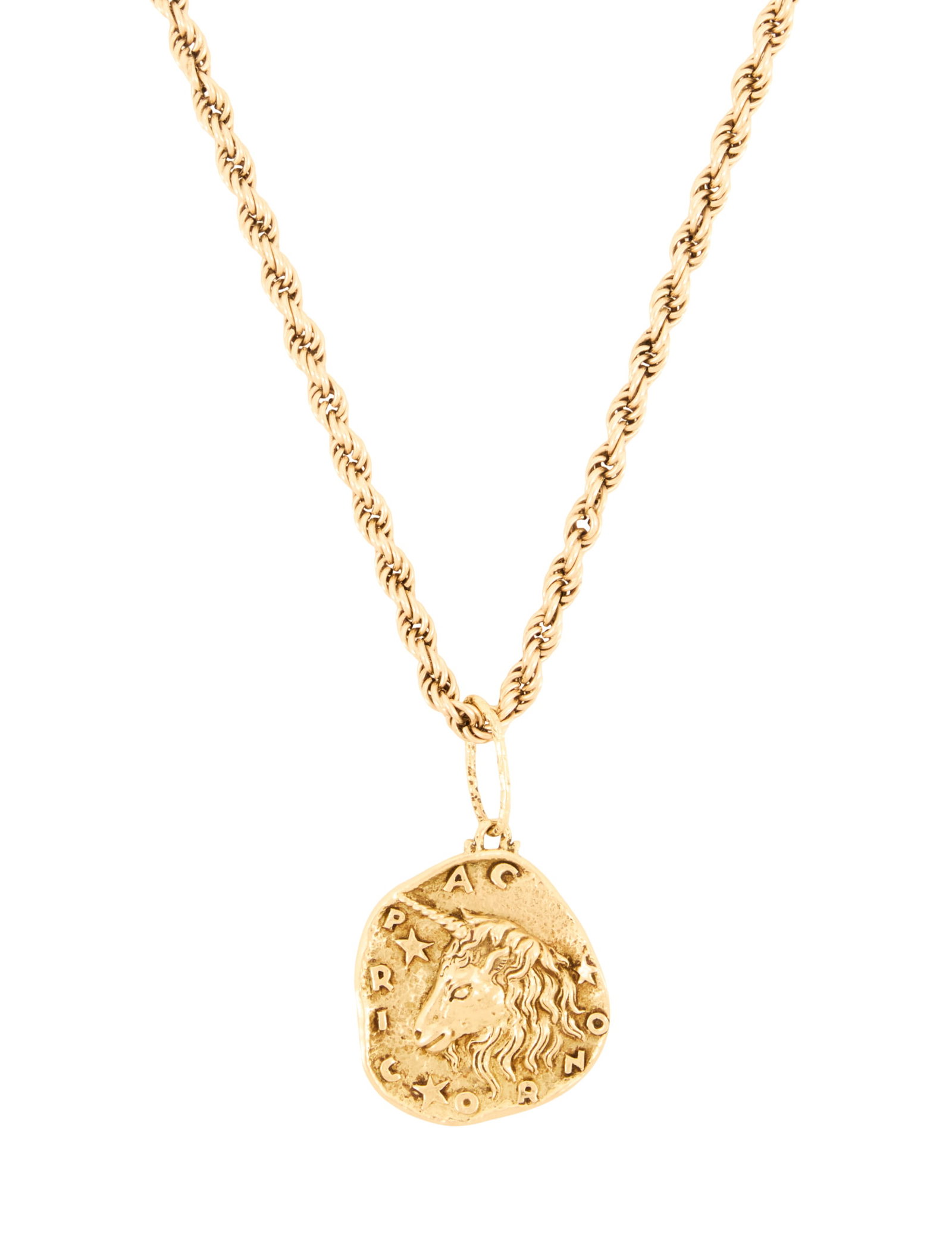 Cartier Zodiac Pendant on Chain: Cartier Zodiac Pendant on Chain the 18k yellow gold Cartier Capricorn pendant stamped "Cartier 18k Italy", l. 2-1/2" (including bail), suspended from a 14k yellow gold 5.00mm rope chain, l. 30".