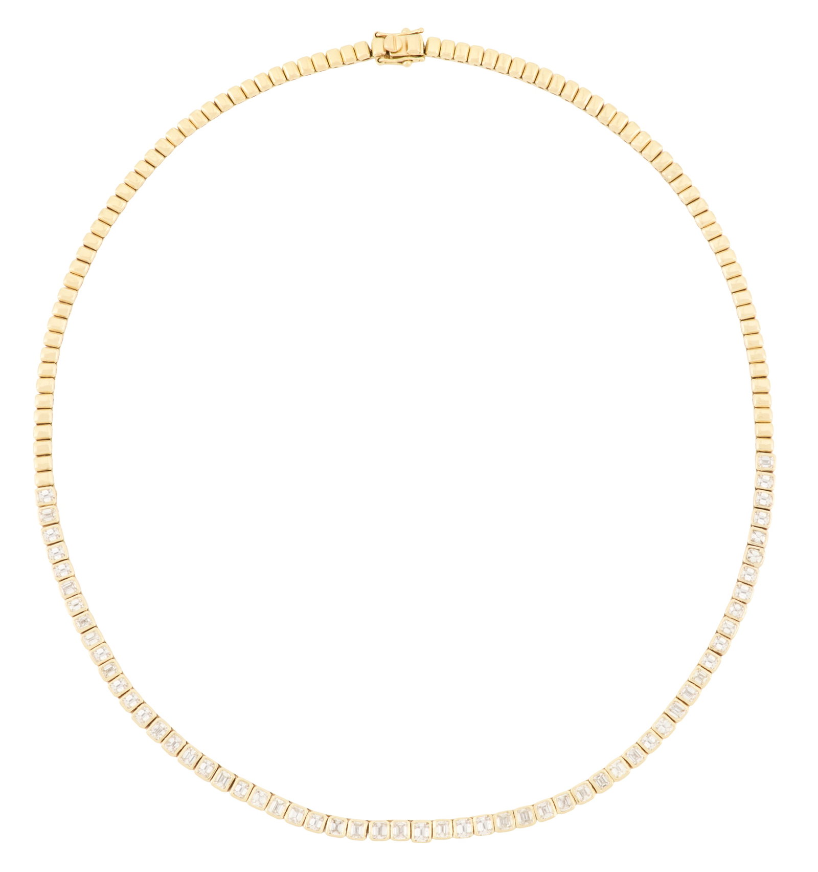 Emerald-Cut Diamond Necklace: Emerald-Cut Diamond Necklace 18k yellow gold, the necklace mounted with emerald-cut diamonds weighing approximately 6.00 carats in total. l. 16", total weight 25.3 grams