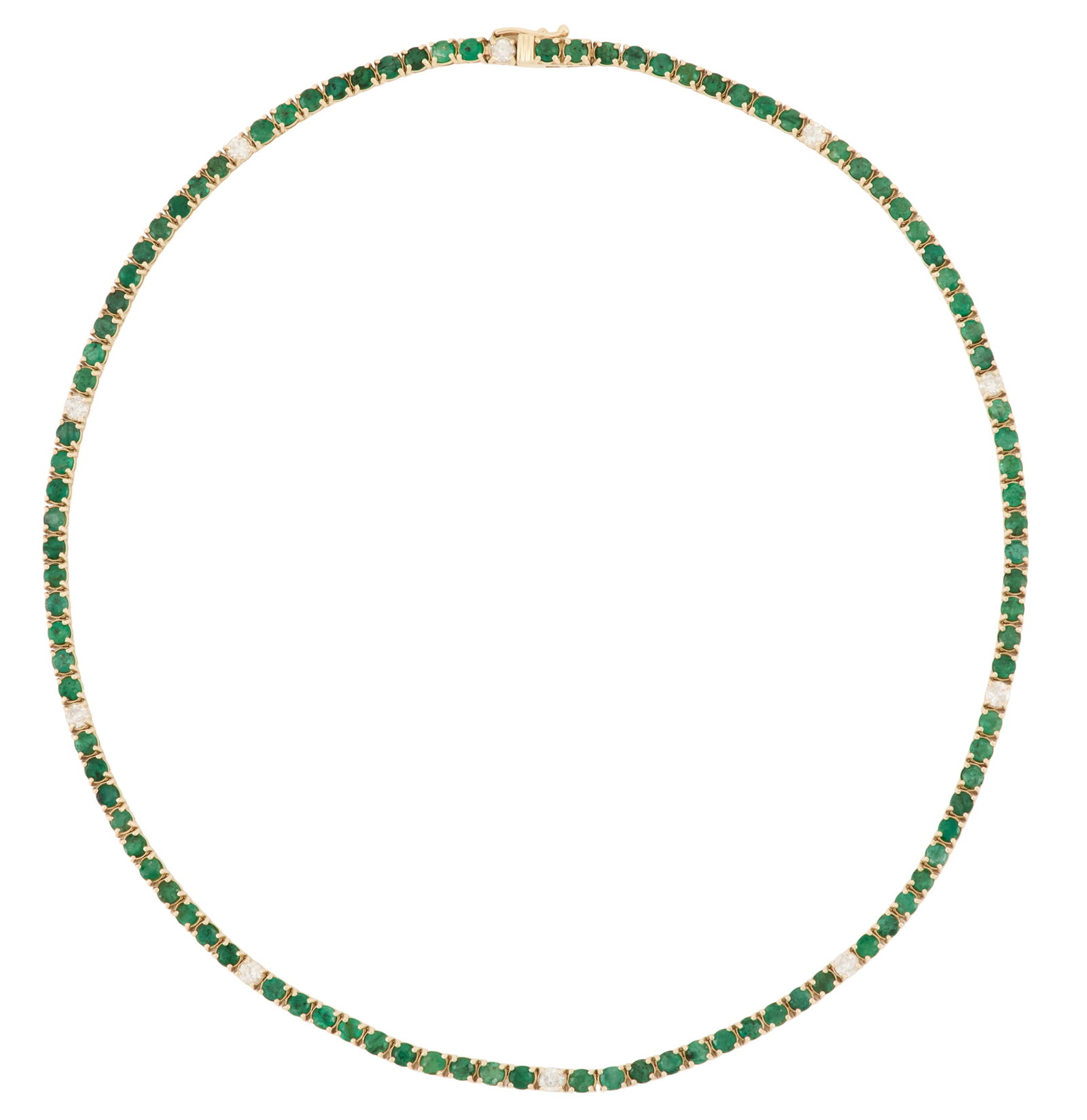 Emerald and Diamond Necklace: Emerald and Diamond Necklace 14k yellow gold, the necklace mounted with round-cut emeralds weighing approximately 11.50 carats in total and round brilliant-cut diamonds weighing approximately 1.25