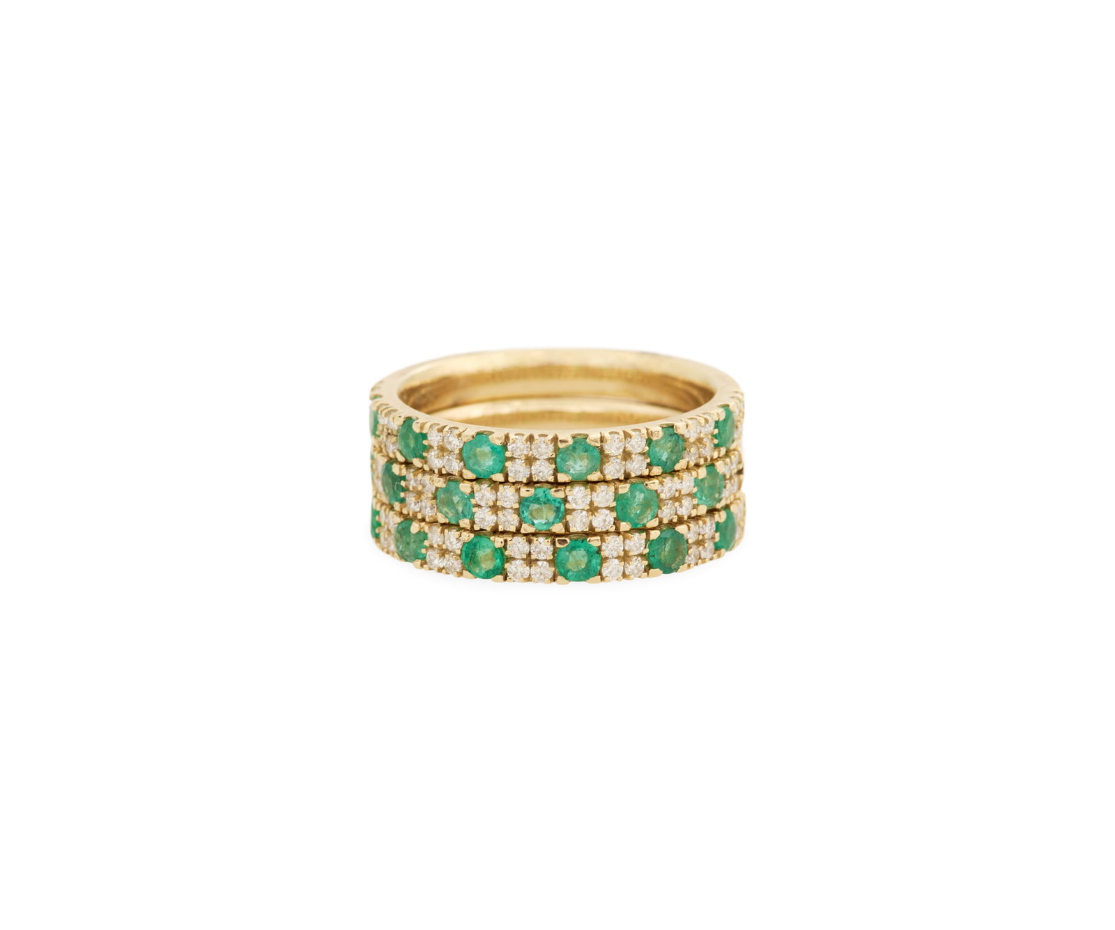 Three Emerald and Diamond Stackable Bands: Three Emerald and Diamond Stackable Bands 14k yellow gold, the rings mounted with round-cut emeralds weighing approximately 1.05 carats in total and round brilliant-cut diamonds weighing