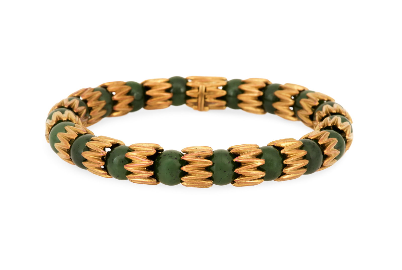 Tiffany & Co. Nephrite Bracelet: Tiffany & Co. Nephrite Bracelet 18k yellow gold, the bracelet composed of round 8.00mm nephrite beads alternating with gold accents, stamped "TIFFANY & CO. 18K". l. 8", total weight 50.7 grams