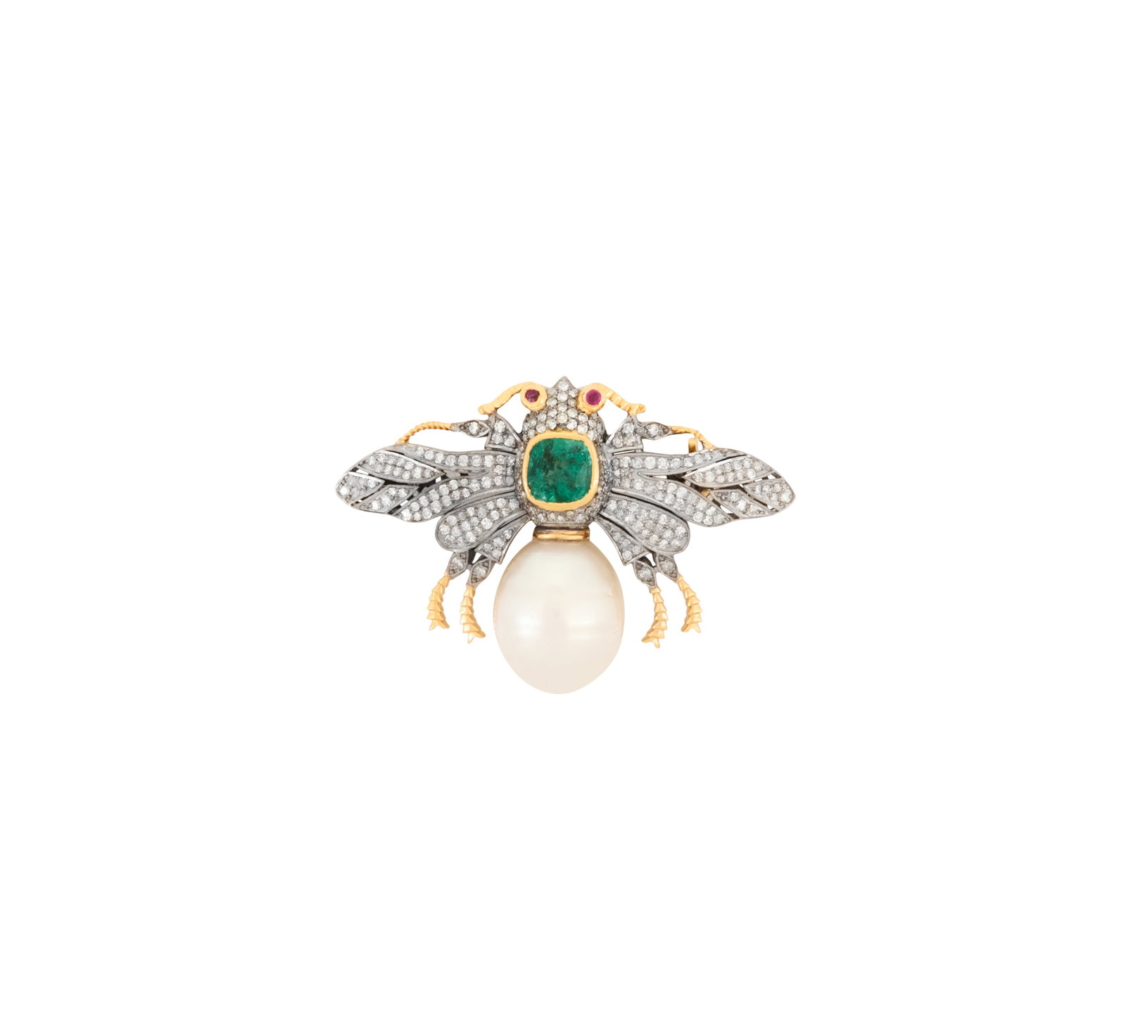 Pearl, Emerald and Diamond Moth Brooch: Pearl, Emerald and Diamond Moth Brooch 14k yellow gold/sterling silver, the brooch mounted with a white baroque pearl measuring approximately 13.00mm x 15.00mm, accented by a cushion-cut emerald