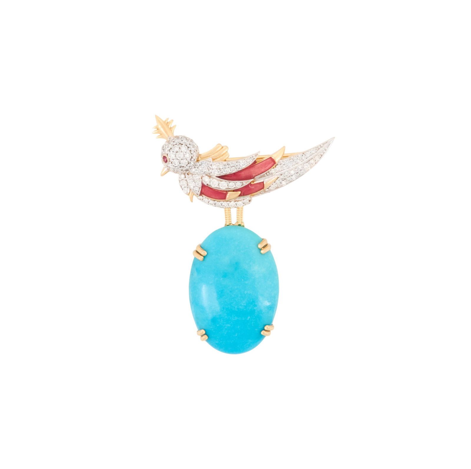 Turquoise and Diamond Bird Brooch: Turquoise and Diamond Bird Brooch 14k yellow gold, the brooch mounted with a cabochon-cut turquoise weighing approximately 12.20 carats, accented with enamel and round brilliant-cut diamonds weighing 