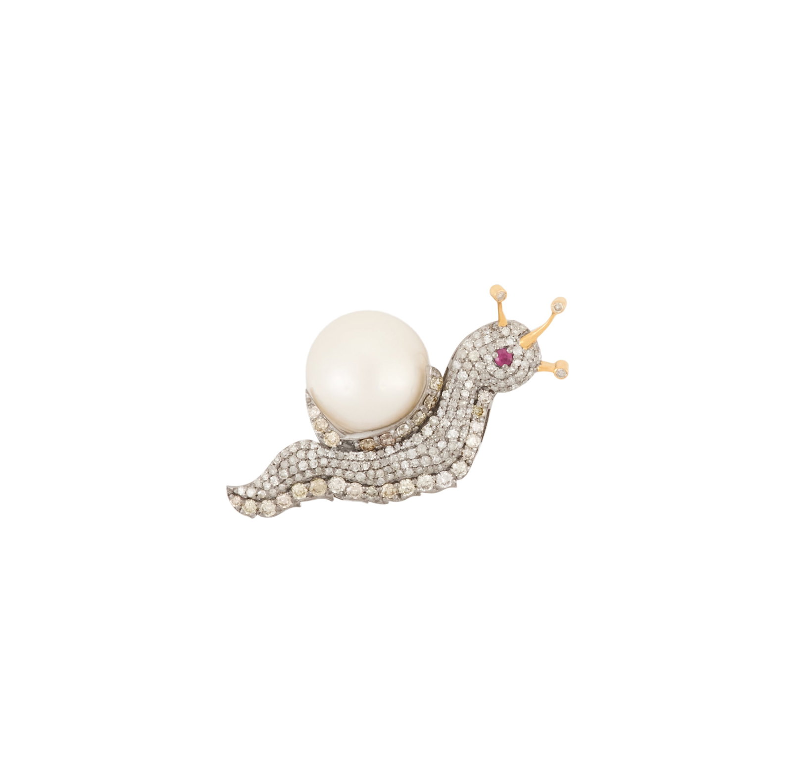 Whimsical Pearl, Diamond and Ruby Snail Brooch: Whimsical Pearl, Diamond and Ruby Snail Brooch 14k yellow gold/sterling silver, the brooch mounted with a white 13.80mm cultured pearl, accented by round brilliant-cut diamonds weighing approximately 