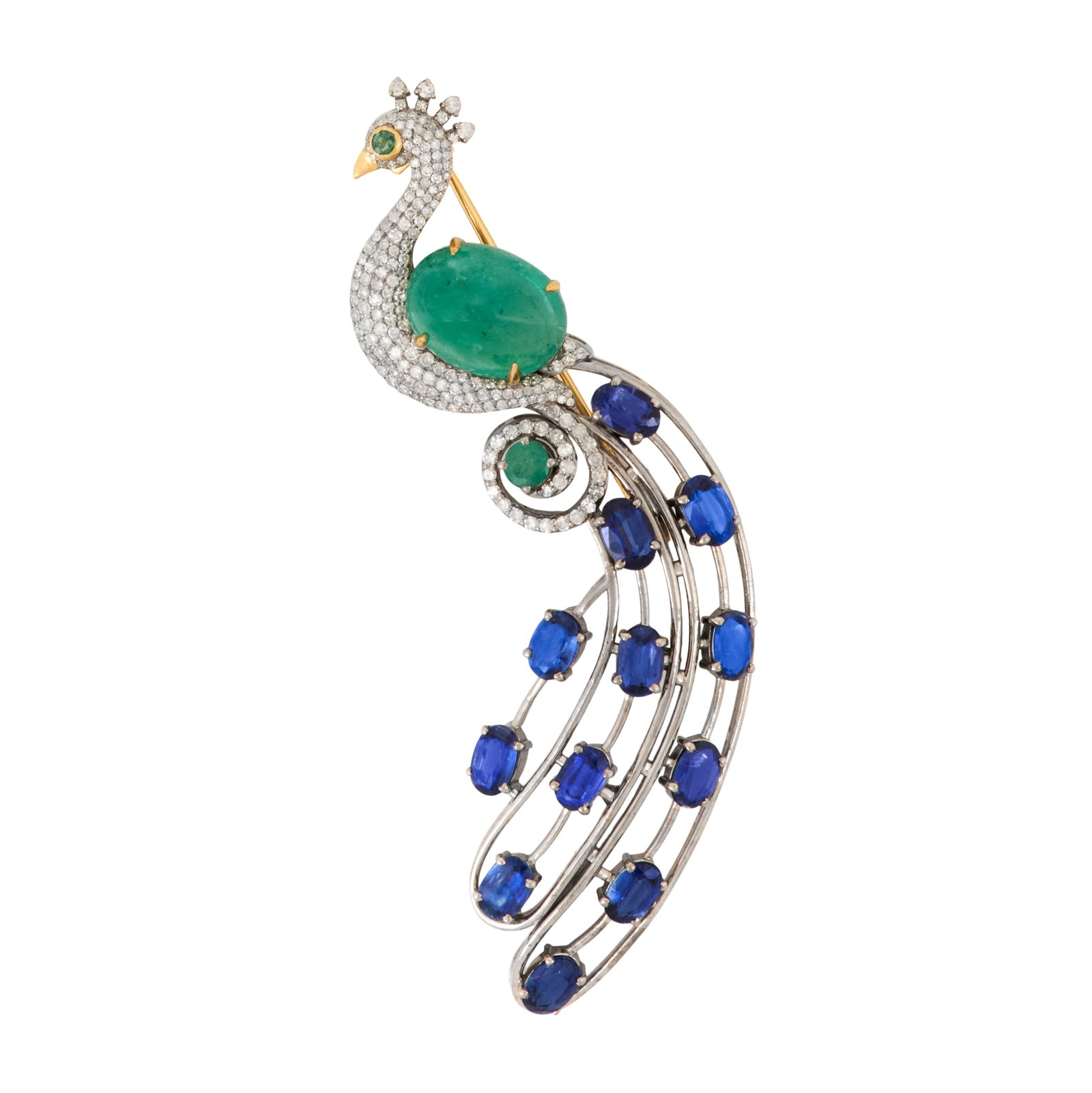 Emerald, Kyanite and Diamond Peacock Brooch: Whimsical Emerald, Kyanite and Diamond Peacock Brooch 14k yellow gold/sterling silver, the brooch mounted with a cabochon-cut and round-cut emerald weighing approximately 7.21 carats in total,