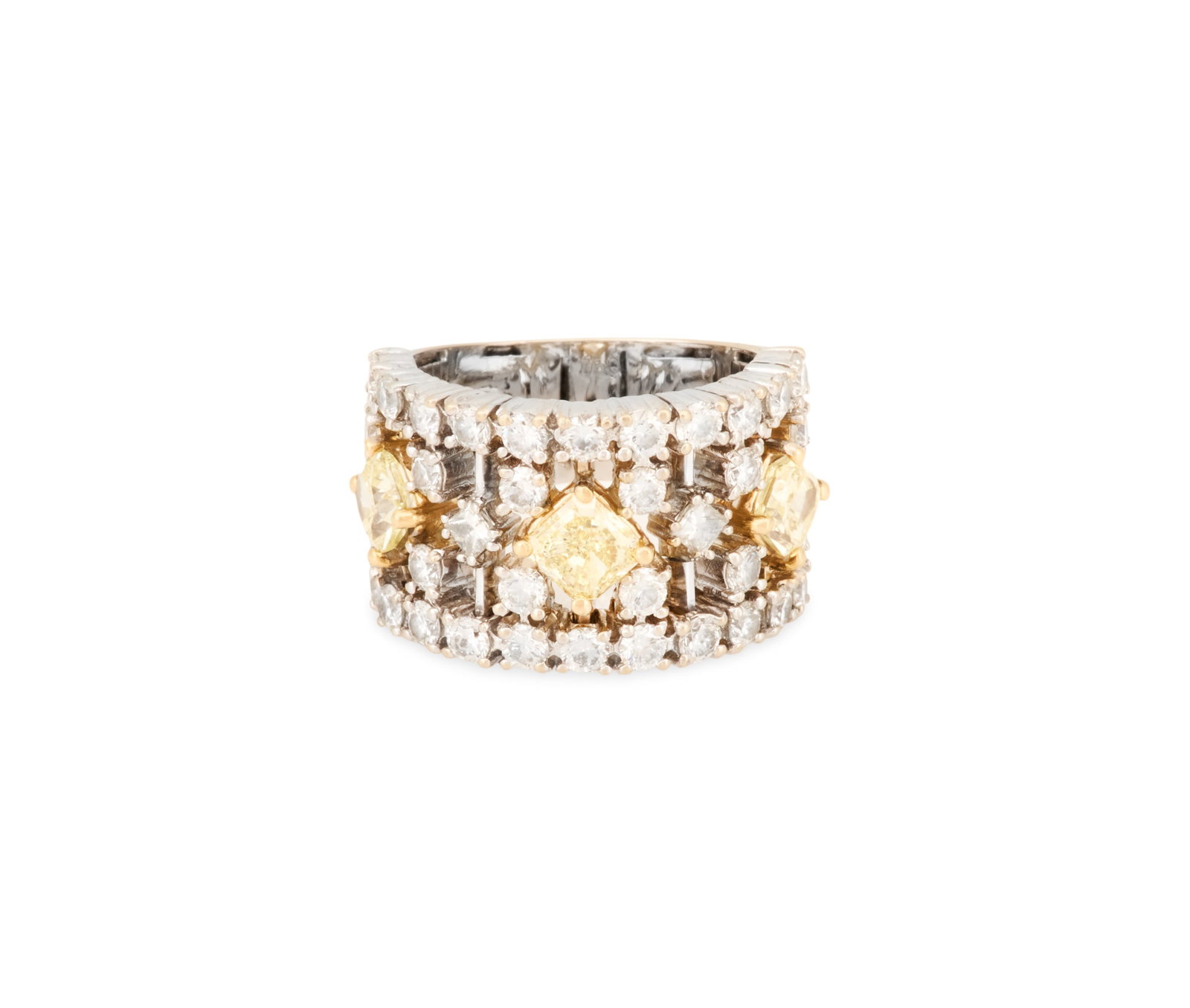 Yellow and White Diamond Band: Yellow and White Diamond Band 18k white gold, the wide band mounted with two radiant-cut and one cushion-cut Fancy Light Yellow diamond, weighing approximately 1.45 carats in total, approximate