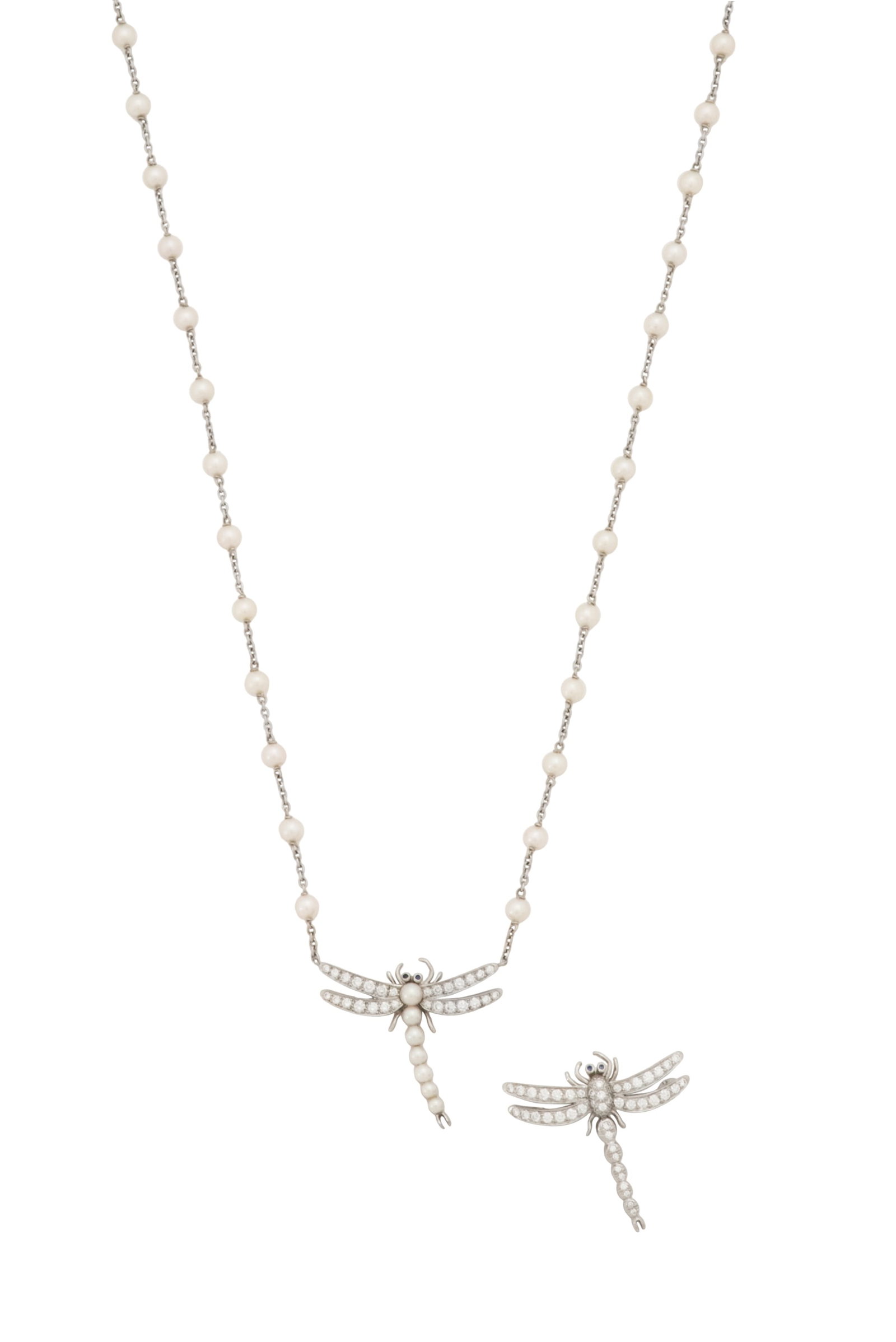 Tiffany & Co. Diamond & Pearl Necklace & Brooch: Tiffany & Co. Diamond and Pearl Necklace and Brooch platinum, the necklace and brooch mounted with round brilliant-cut diamonds weighing approximately 0.95 carats in total, accented by white cultured 