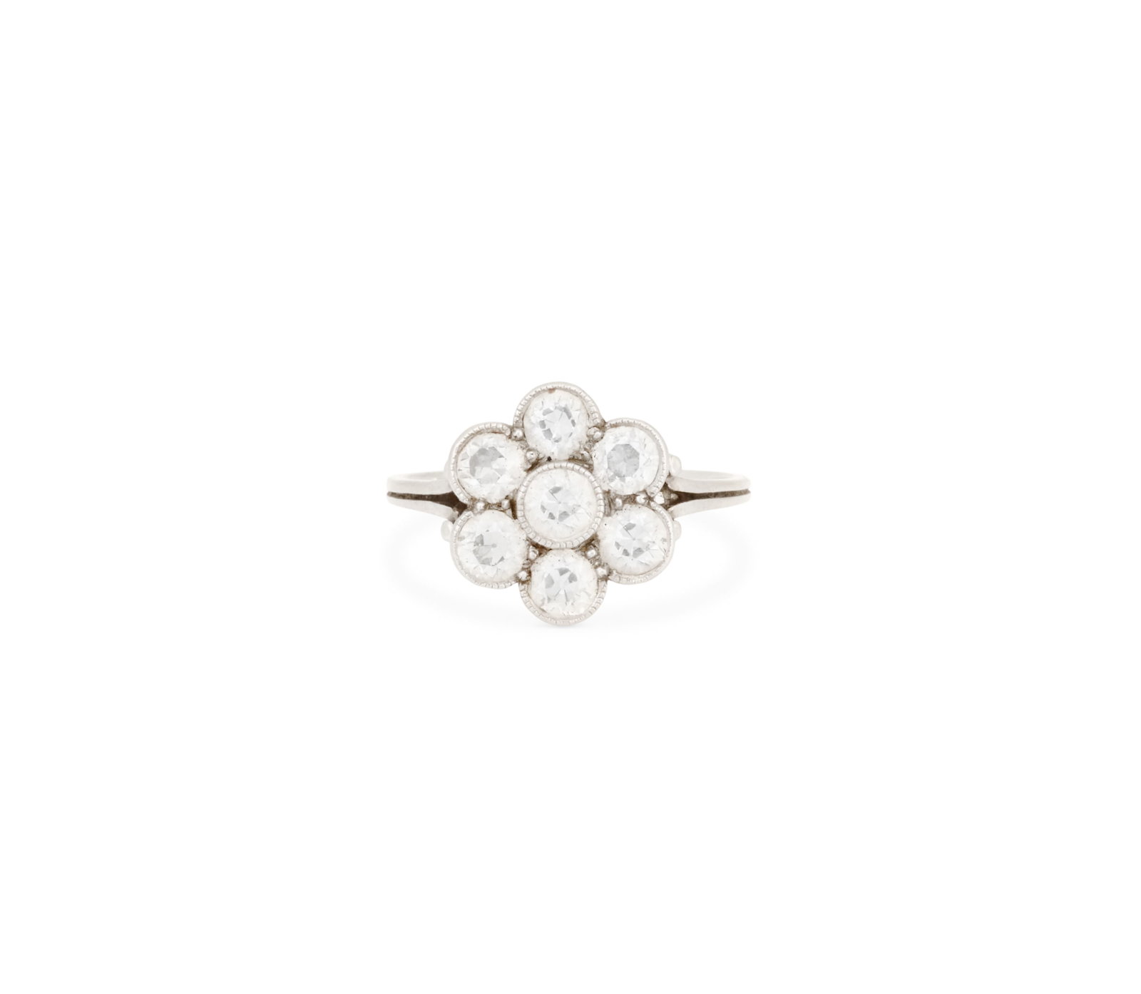 Edwardian Diamond Ring: Edwardian Diamond Ring platinum, the ring mounted with European-cut diamonds weighing approximately 1.50 carats in total. size 5-1/2, total weight 2.9 grams Provenance: Estate of Marie Bel Fay