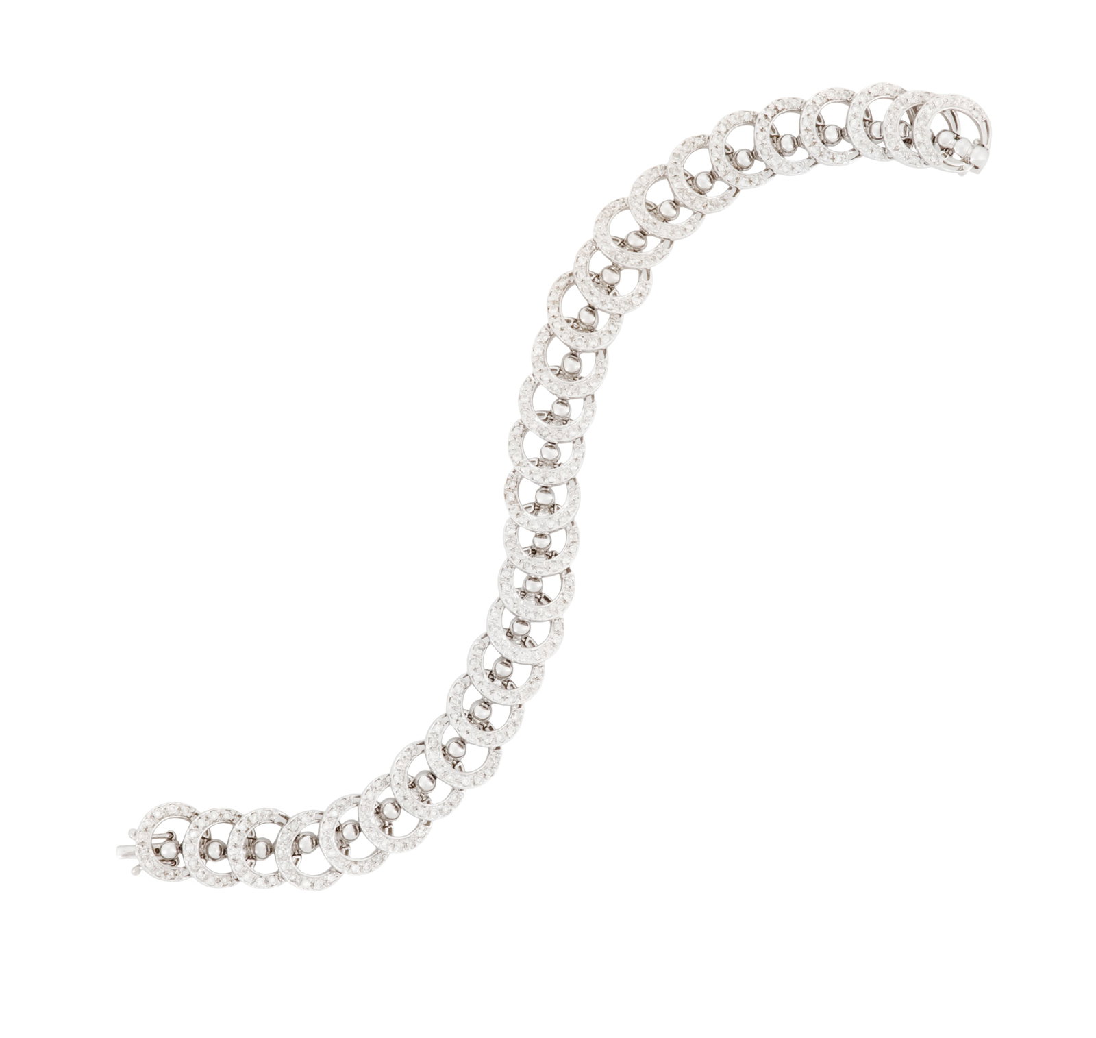 Diamond Bracelet: Diamond Bracelet 18k white gold, the bracelet composed of dangling, overlapping rings, one side mounted with round brilliant-cut diamonds weighing approximately 3.80 carats in total, and the other