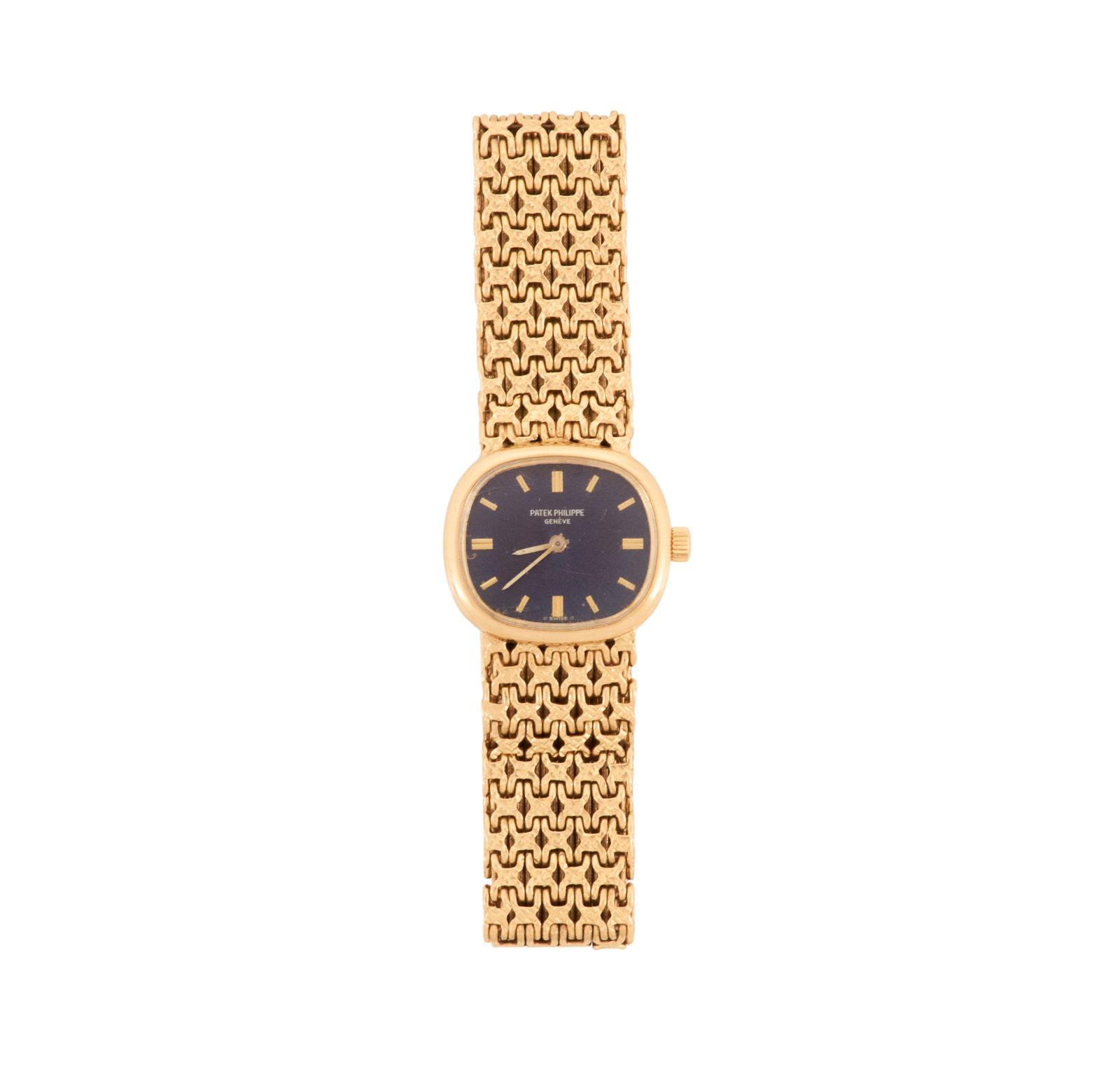 Lady's Patek Philippe Ellipse 4187/1 Watch: Lady's Patek Philippe Ellipse 4187/1 Watch 18k yellow gold, the quartz watch with a blue dial, serial number 2720133, with a gold interlocking link Patek Philippe bracelet, stamped "Patek Philippe Gen