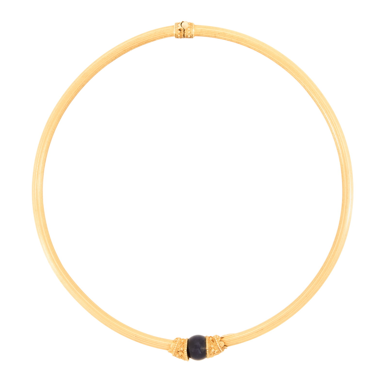 Greek Lapis Lazuli Choker: Greek Lapis Lazuli Choker 18k yellow gold, the hinged choker centered by a lapis lazuli bead. inside circumference 14-3/8", total weight 38.2 grams Provenance: Estate of Marie Bel Fay Evnochides, Hous