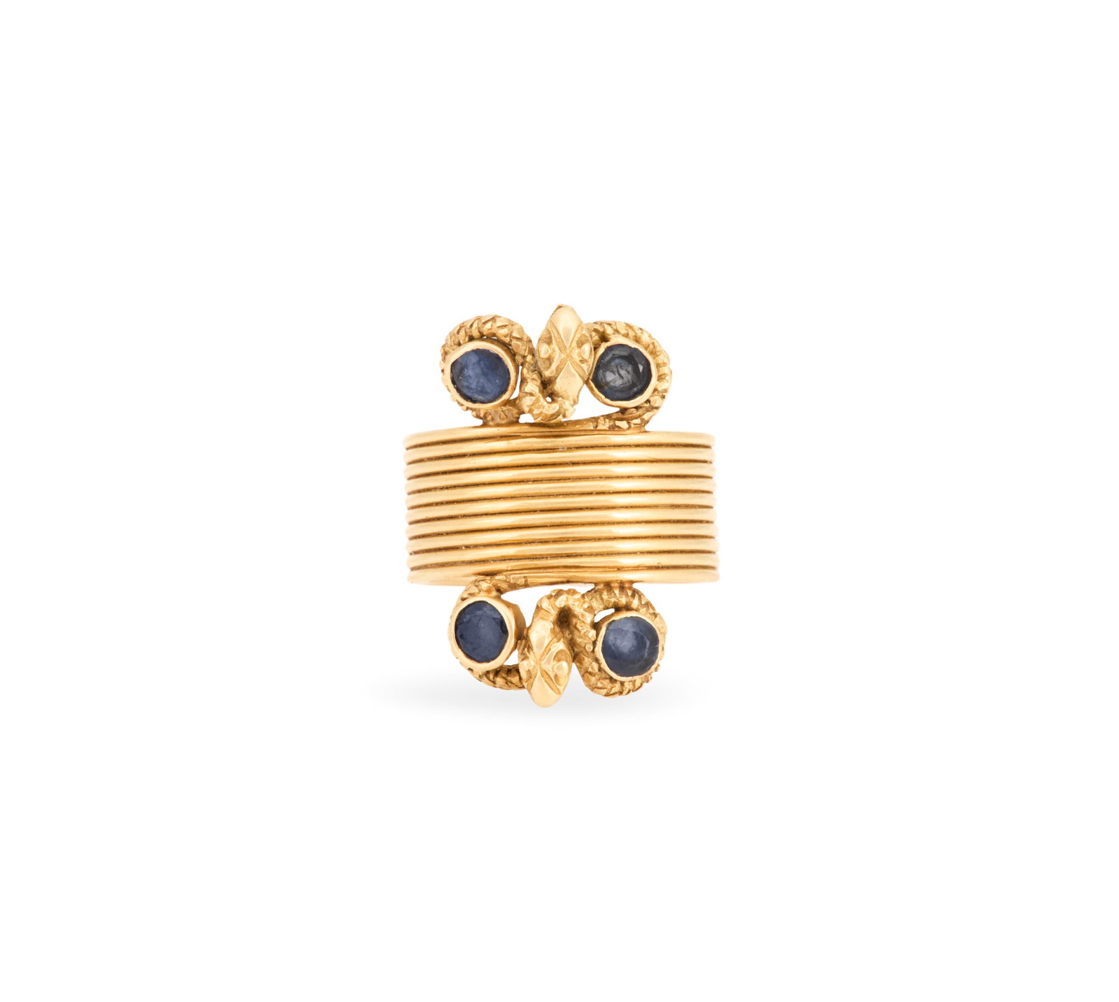 Unusual Greek Sapphire Ring: Unusual Greek Sapphire Ring 18k yellow gold, the center of the ring of a wide grooved band, flanked on the top and bottom by a snake entwined with round-cut sapphires weighing approximately 0.80